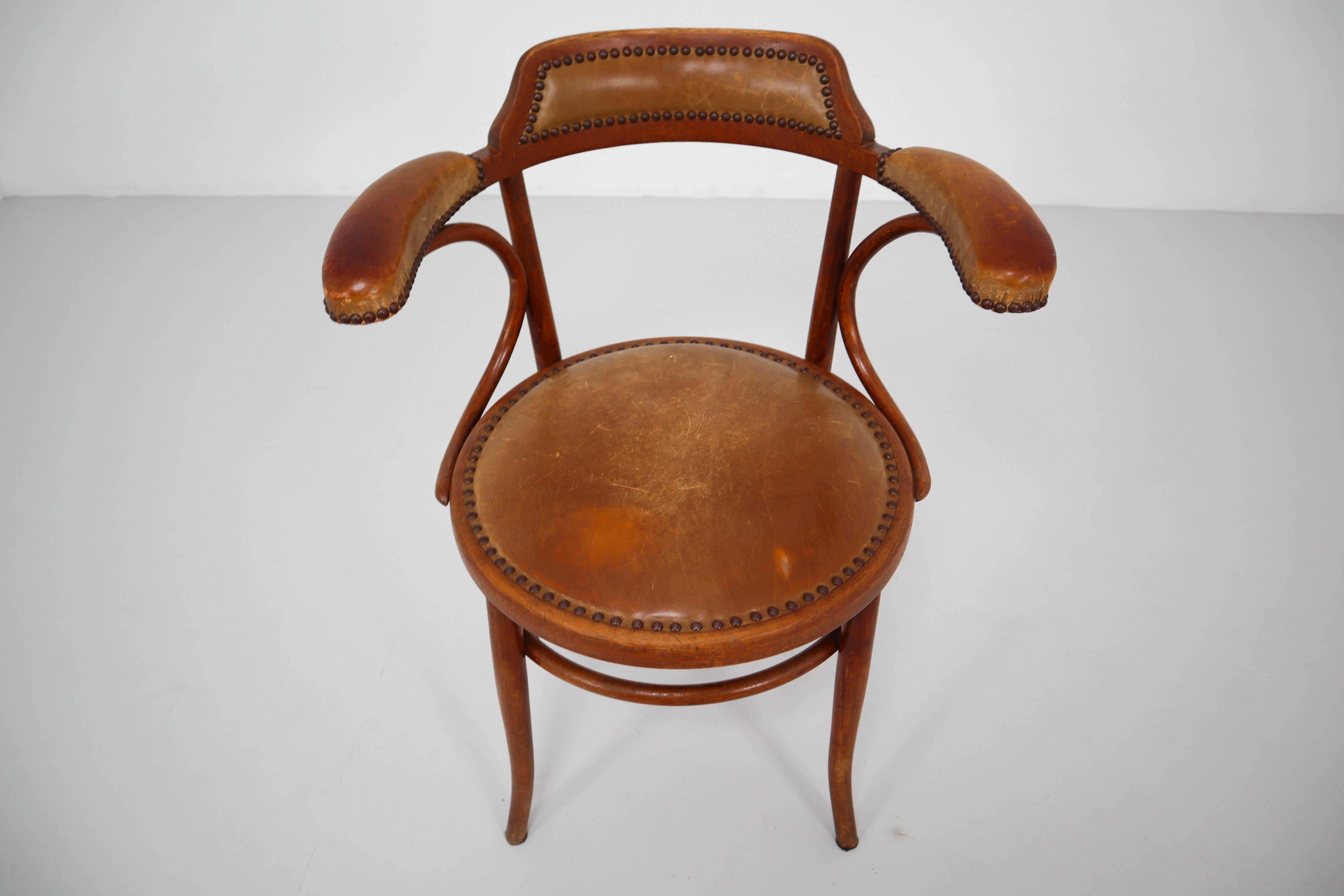 Austrian Thonet Bentwood Armchair with Patinated Leather Seat and Armrest, Vienna Austria