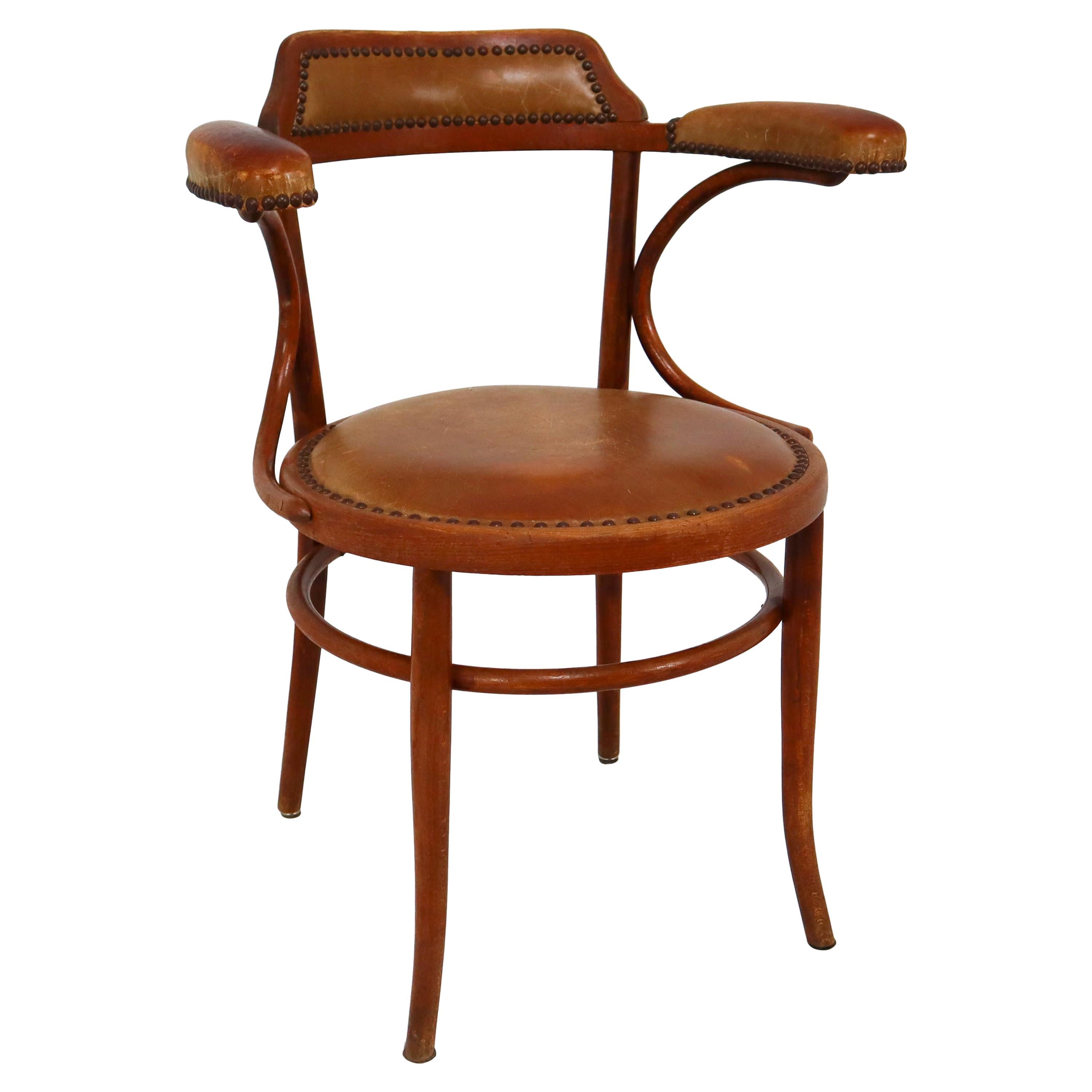 Thonet Bentwood Armchair with Patinated Leather Seat and Armrest, Vienna Austria