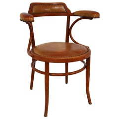 Thonet Bentwood Armchair with Patinated Leather Seat and Armrest, Vienna Austria