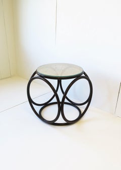 Bentwood Cane and Glass Top Side Drinks Table or Stool in the Style of Thonet
