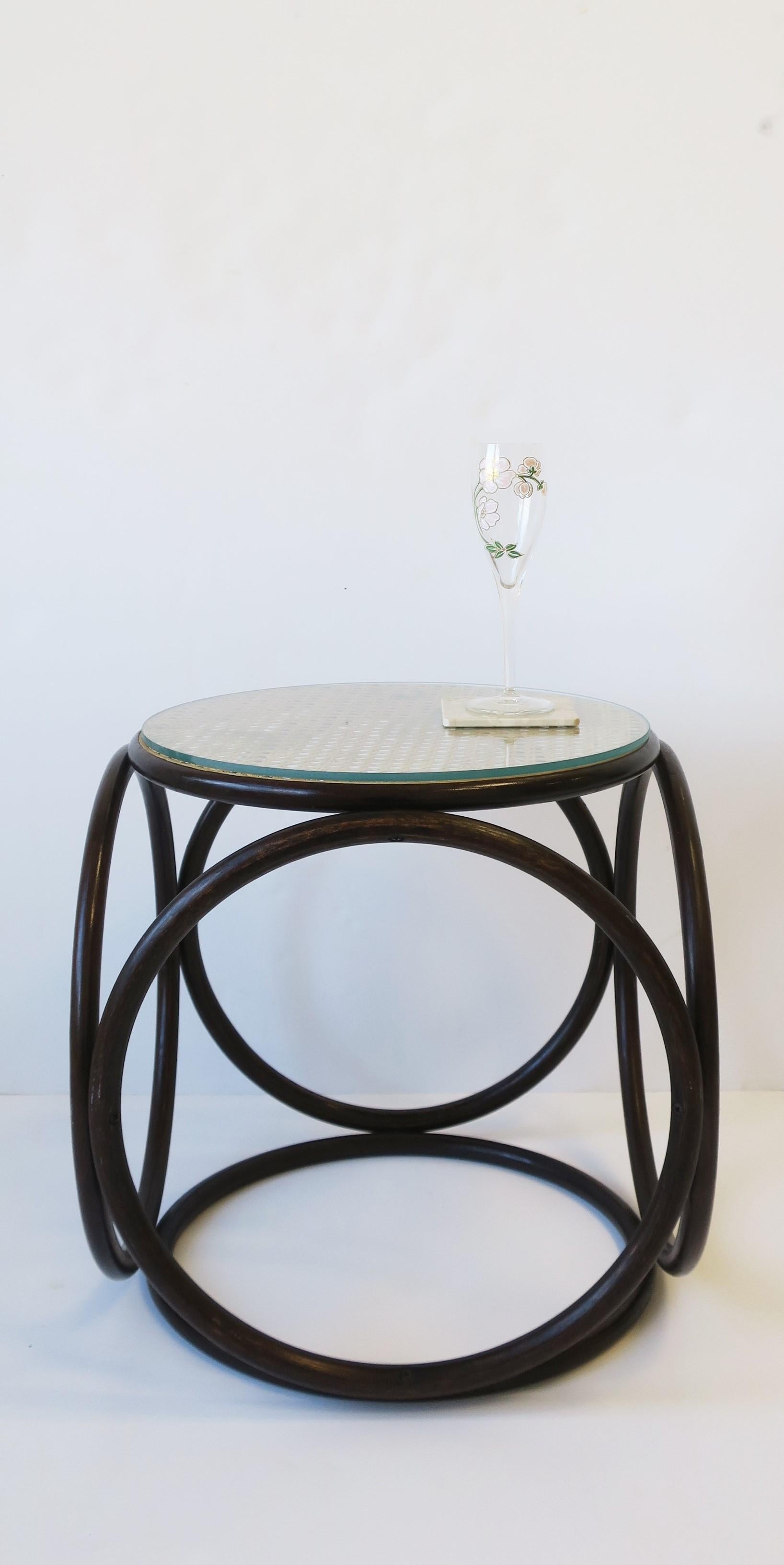 Mid-Century Modern Bentwood Cane and Glass Top Side Drinks Table or Stool in the Style of Thonet For Sale