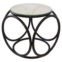 Retro Bentwood Cane and Glass Top Side Drinks Table or Stool in the Style of Thonet