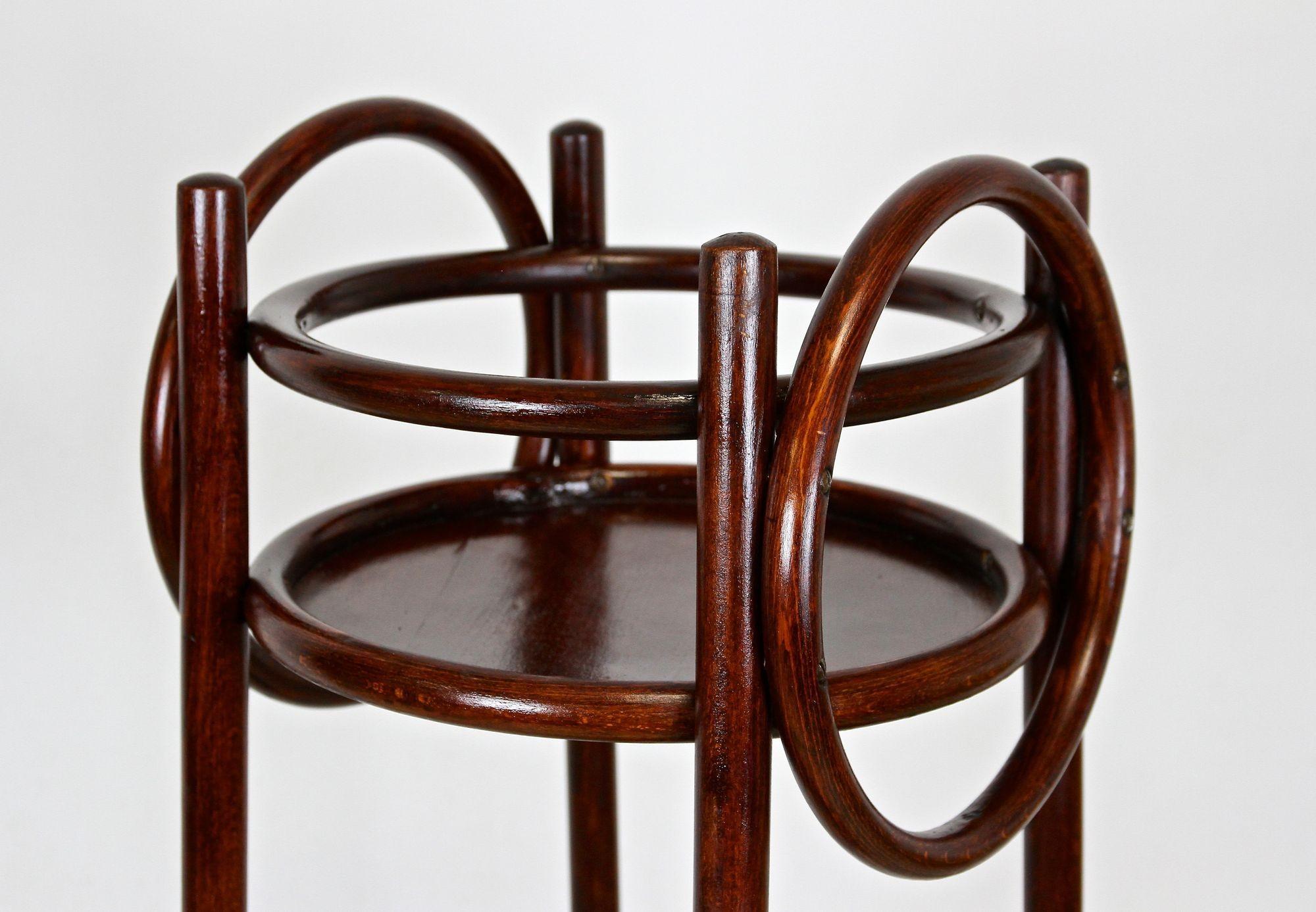 Unusual bentwood pedestal or plant stand made by the famous company of Thonet in Vienna around 1906. This artfully designed early 20th century pedestal provides two round levels connected by delicate beechwood columns. The upper compartment is
