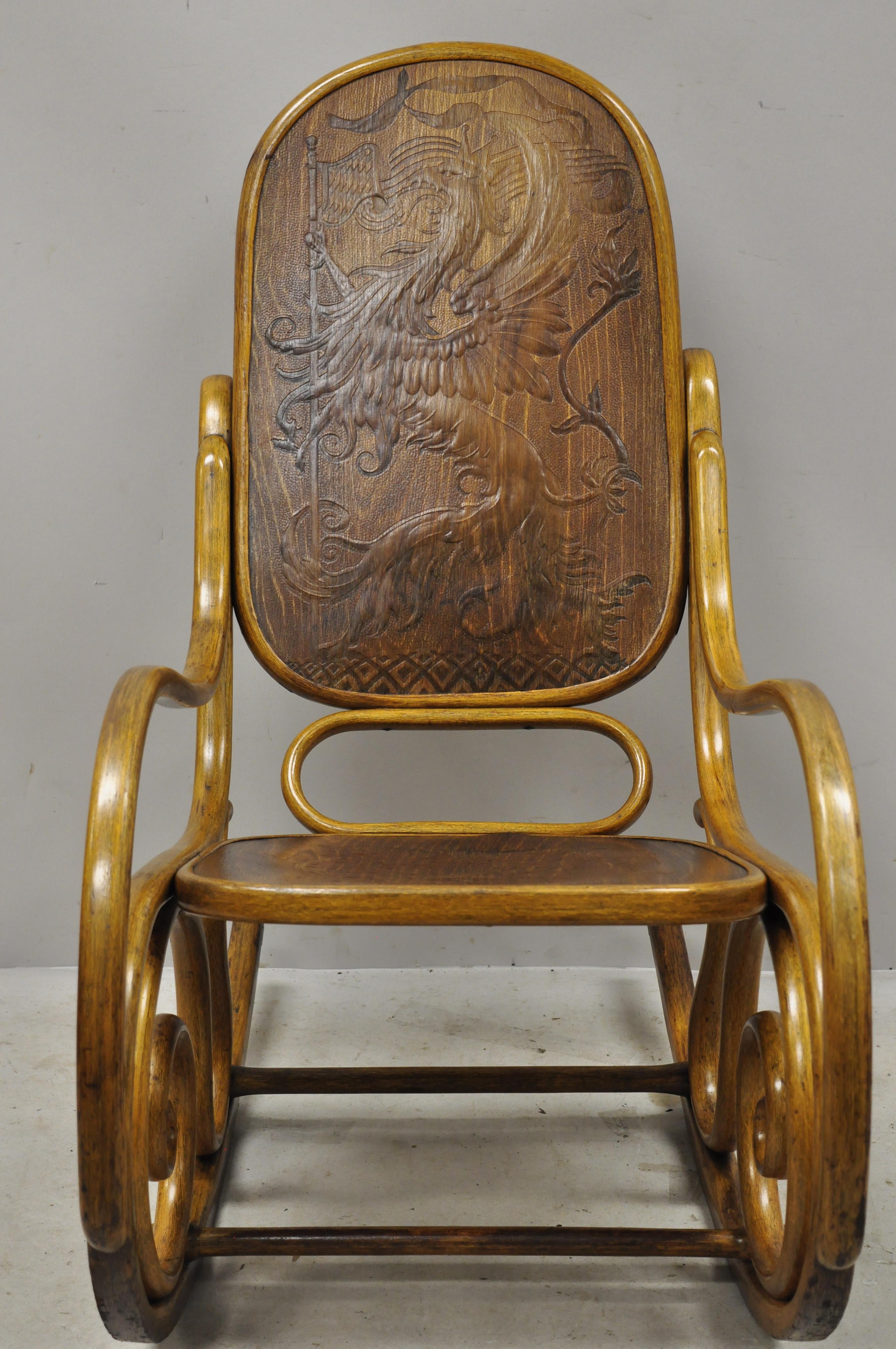 Thonet Bentwood Rocking Chair Figural Pressed Wood Griffins and Northwind Face 3