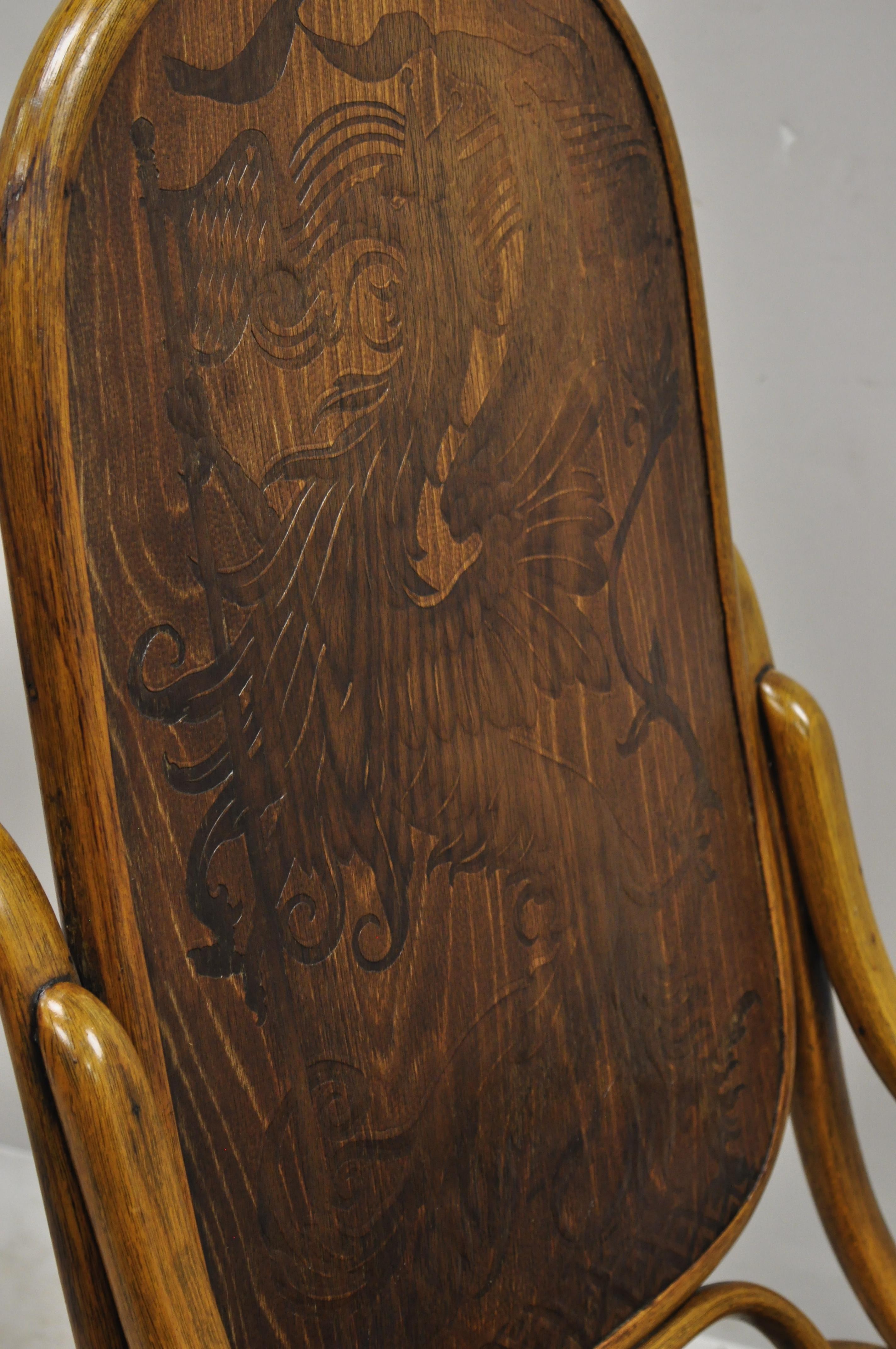 Art Nouveau Thonet Bentwood Rocking Chair Figural Pressed Wood Griffins and Northwind Face