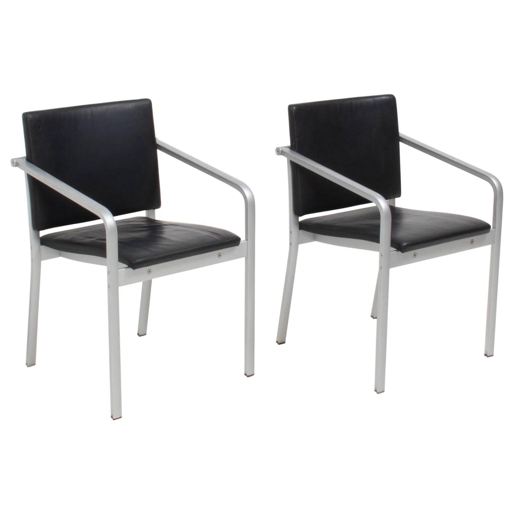 Thonet by Norman Foster A901 PF Aluminium and Black Leather Dining Chairs, Pair