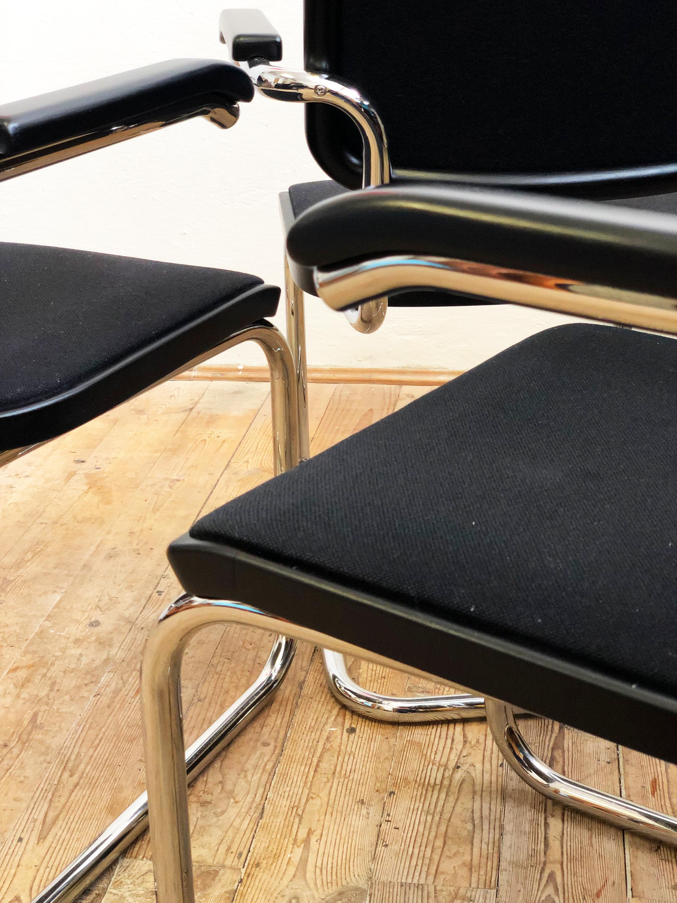 Thonet Cantilever Armchairs, Model S64 by Marcel Breuer, Black Fabric, Set of 4 For Sale 3