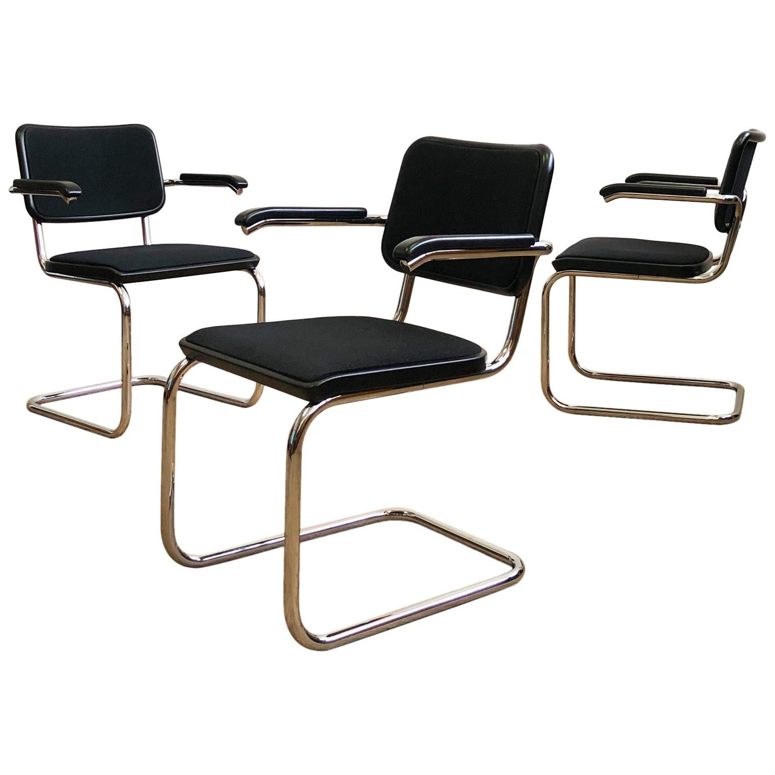 Thonet Cantilever Armchairs, Model S64 by Marcel Breuer, Black Fabric, Set of 4 For Sale