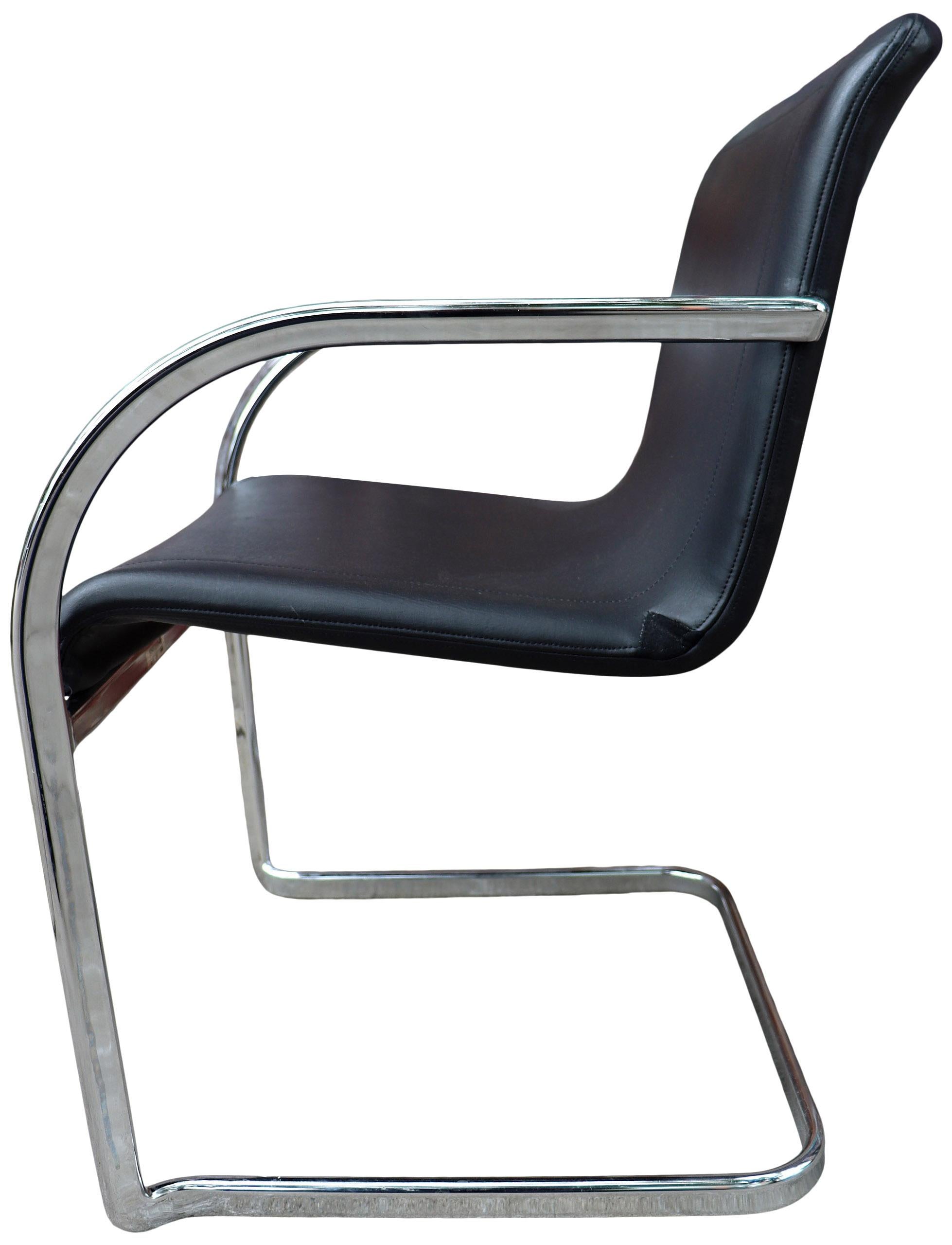 For your consideration is very comfortable lounge chairs in a black leather. Featuring an cantilevered and angular tube chrome frame. Incredibly comfortable and ready for use. A nice 80's take on the BRNO chair designed by Mies van der Rohe.