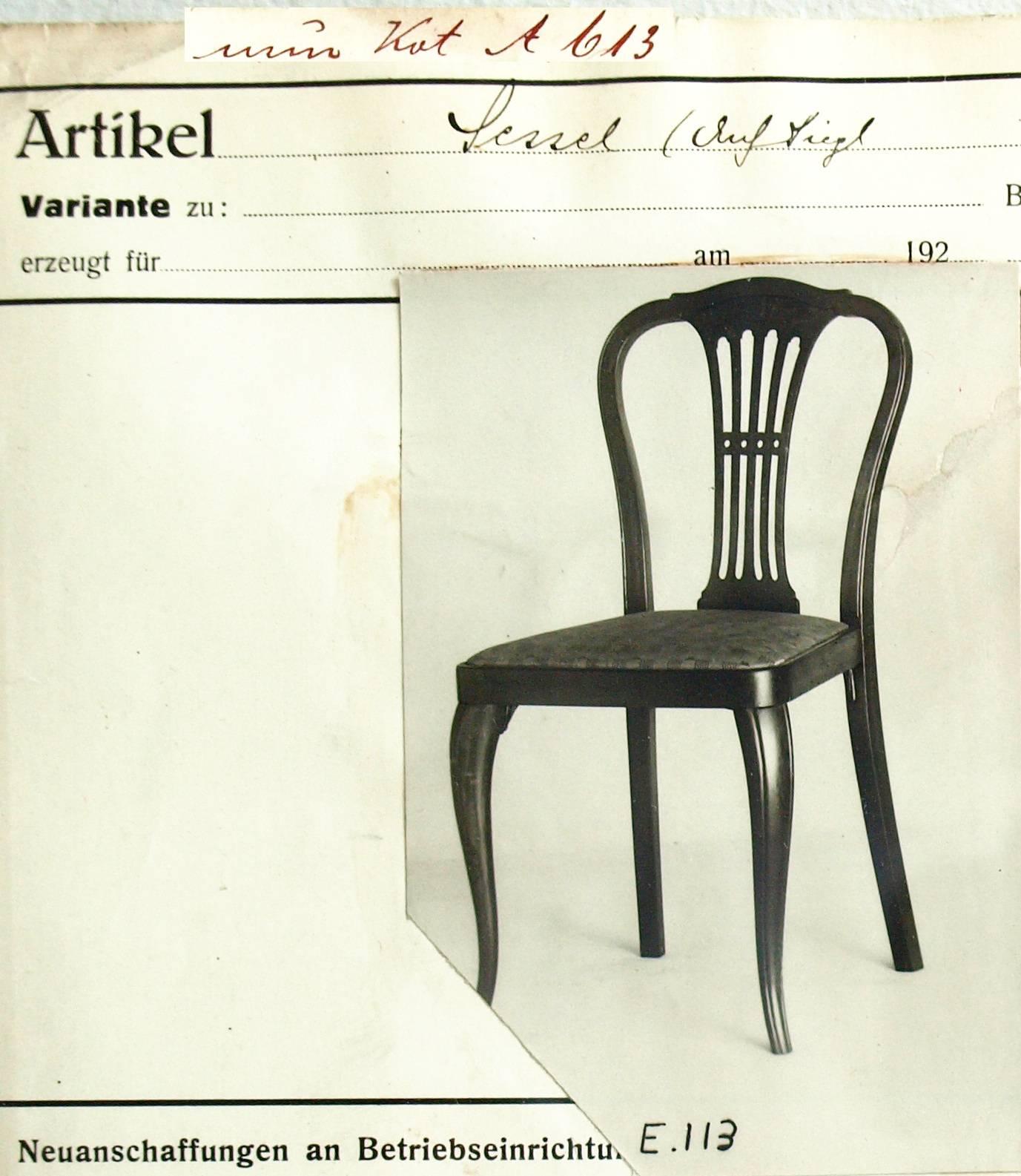 Chair on the border of the late Art Nouveau, Art Deco and the Czech Decorativism designed for the Thonet Company Gustav Siegel, circa 1928. Original state. Unoriginal upholstery. Solid and compact. Marked with stamp and label 