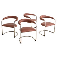 Retro Thonet Chrome and Pink Vinyl Dining Chairs by Anton Lorenz - Set of 4