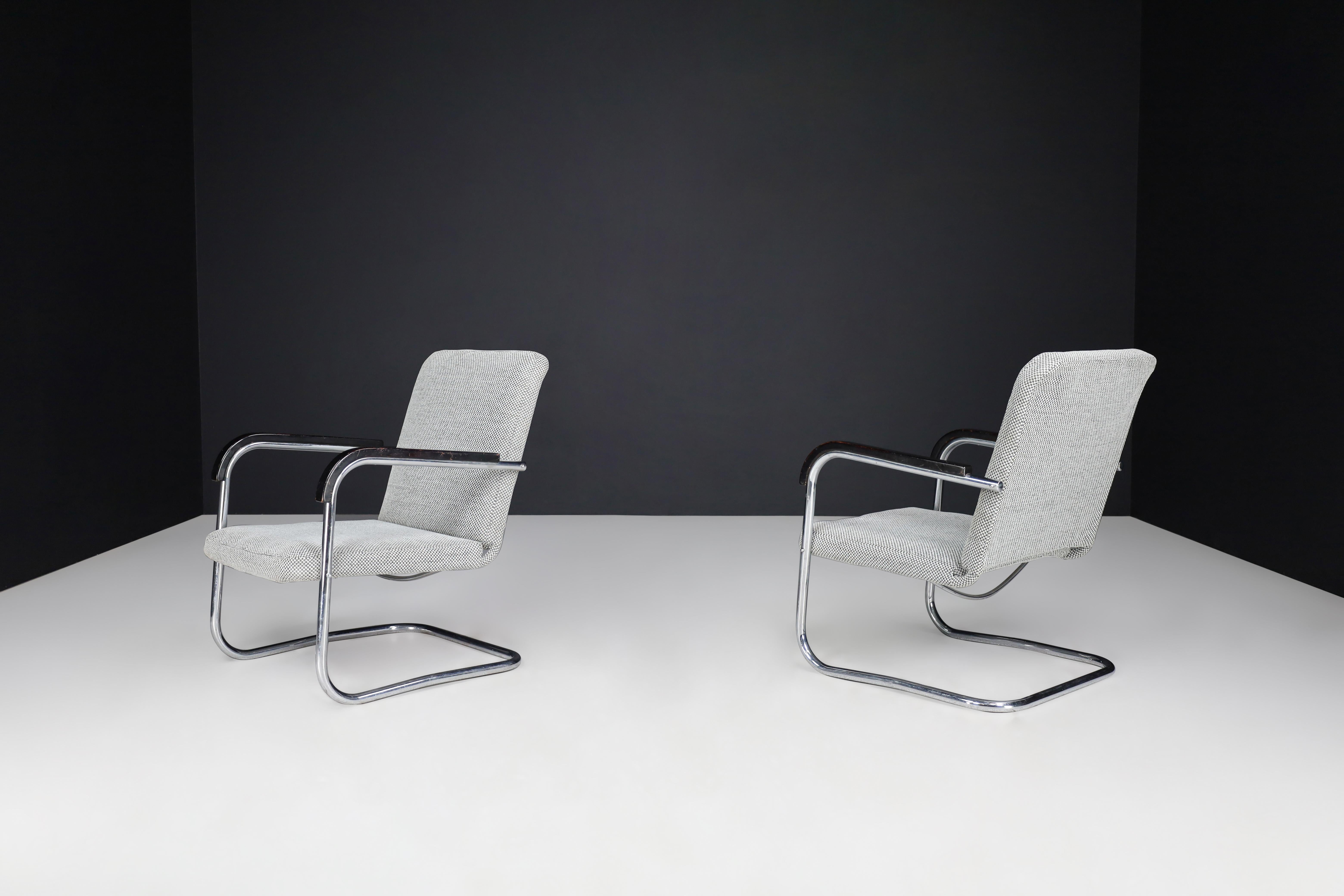 Fabric Thonet Chrome Steel Cantilever Armchairs 1930s Midcentury Bauhaus period. For Sale