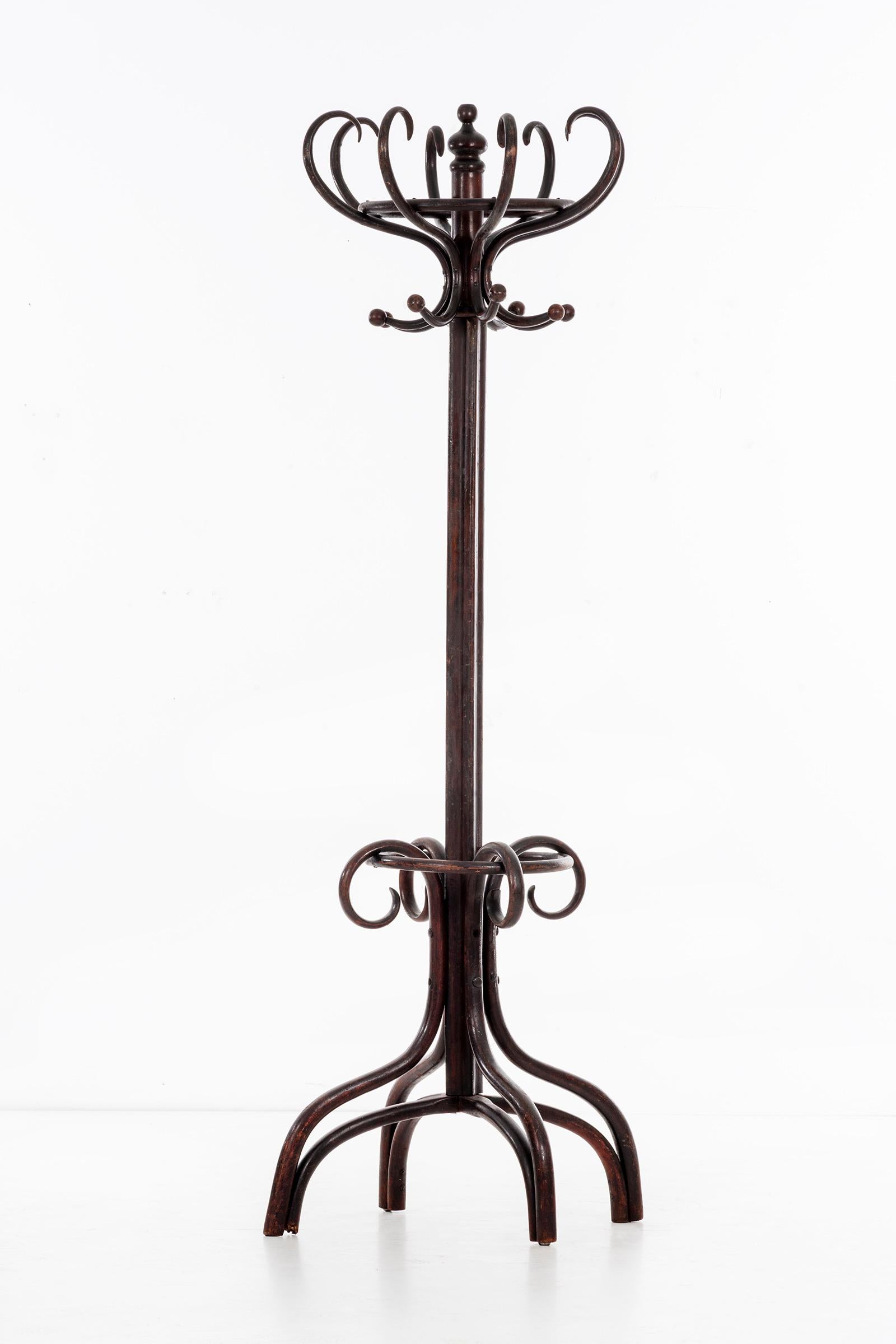 Thonet Coatrack, stained oakwood bentwood furniture design with lacquer finish.