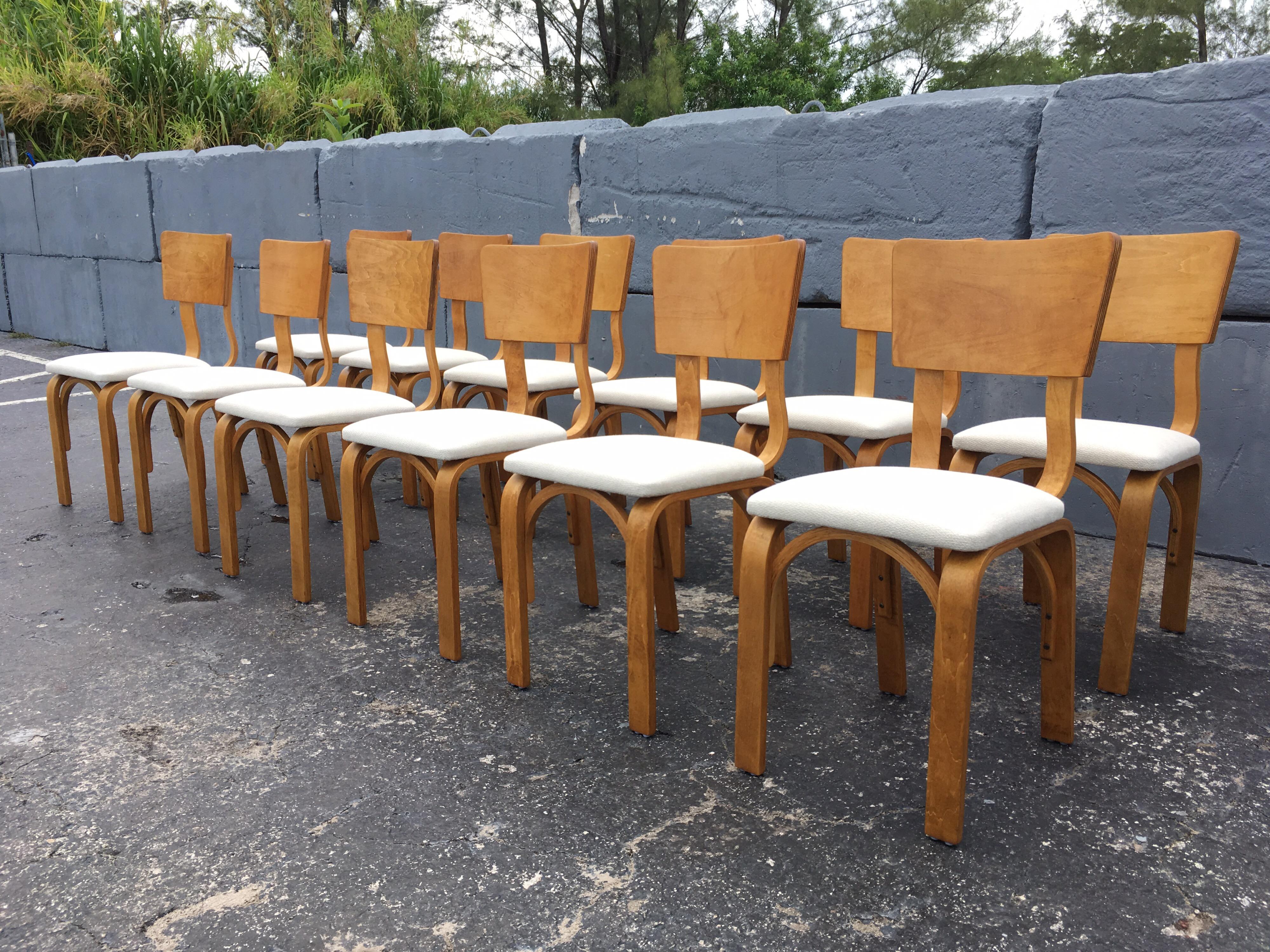 Set of ten Thonet dining chairs in great condition, bentwood and fabric. Ready for a new home, listing is for ten chairs.