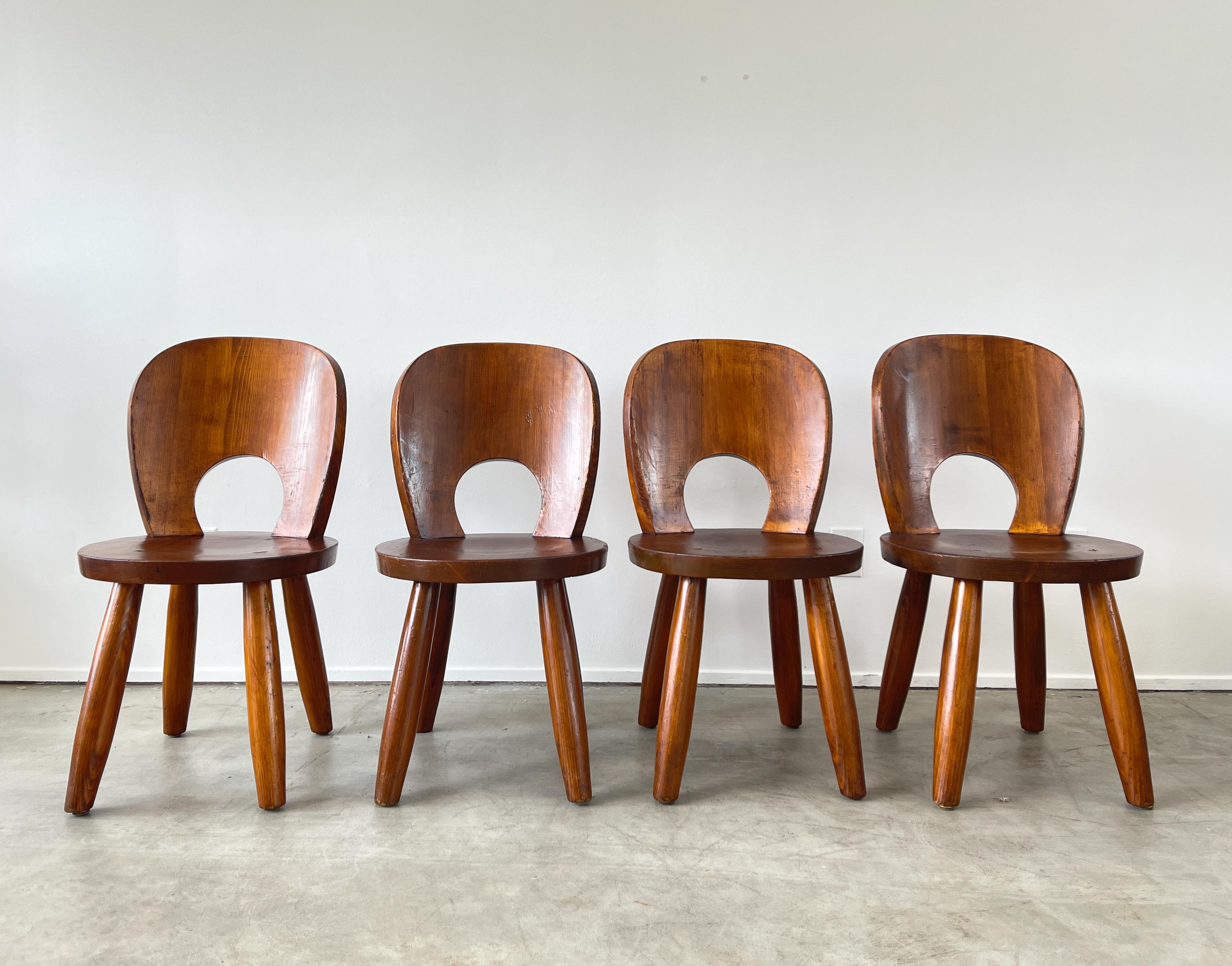 Incredible dining room chairs attributed to Thonet with fantastic shape and patina. 
Douglas fir wood with chunky legs and solid construction - 
Great from all angles - multiple available - priced individually.

 