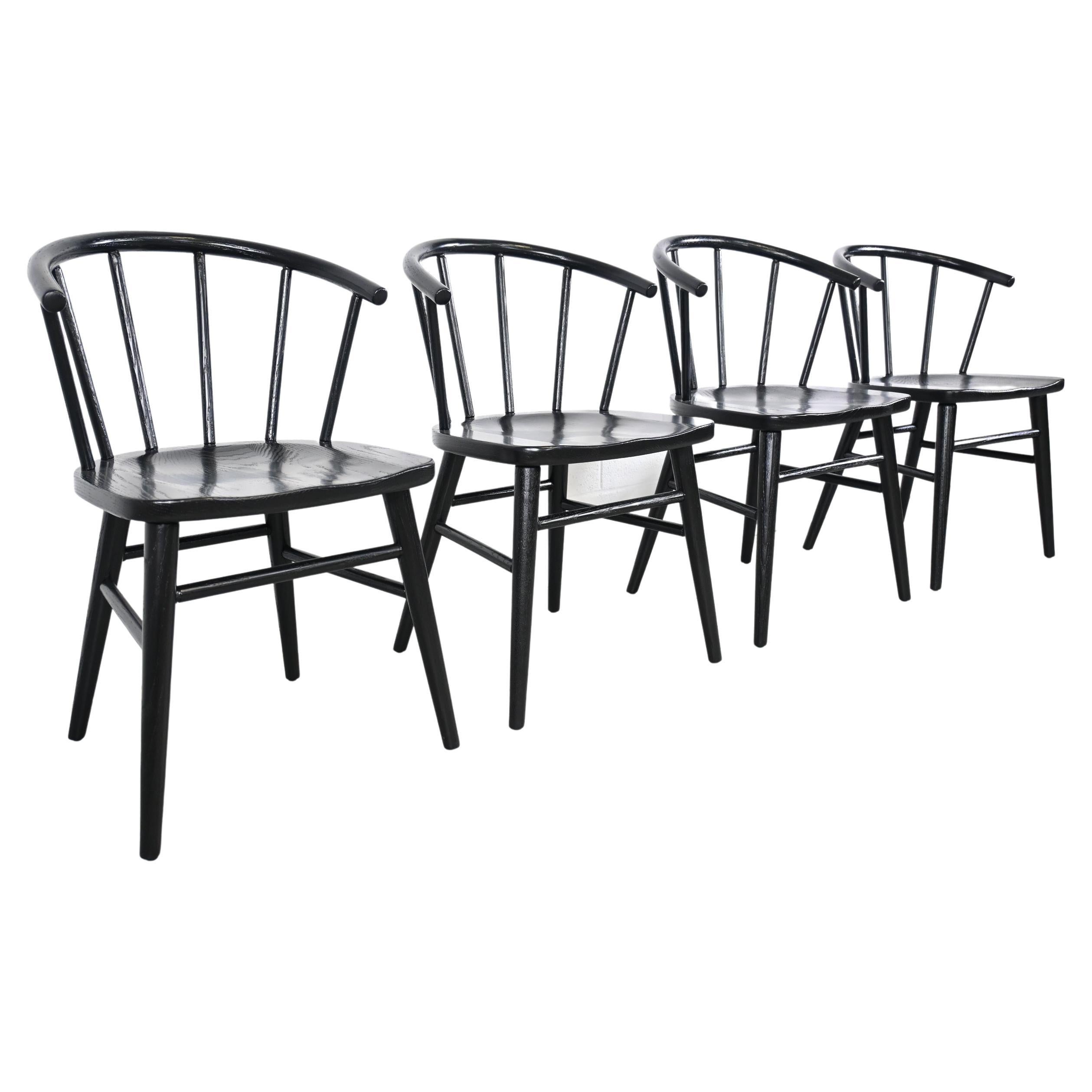 Mid-Century Modern Thonet Mid Century Modern Black Lacquered Spindle Back Chairs, Set of 4