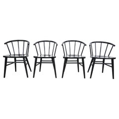 Thonet Mid Century Modern Black Lacquered Spindle Back Chairs, Set of 4