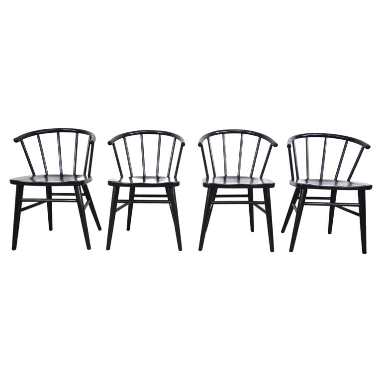 Thonet Mid Century Modern Black Lacquered Spindle Back Chairs, Set of 4 For Sale
