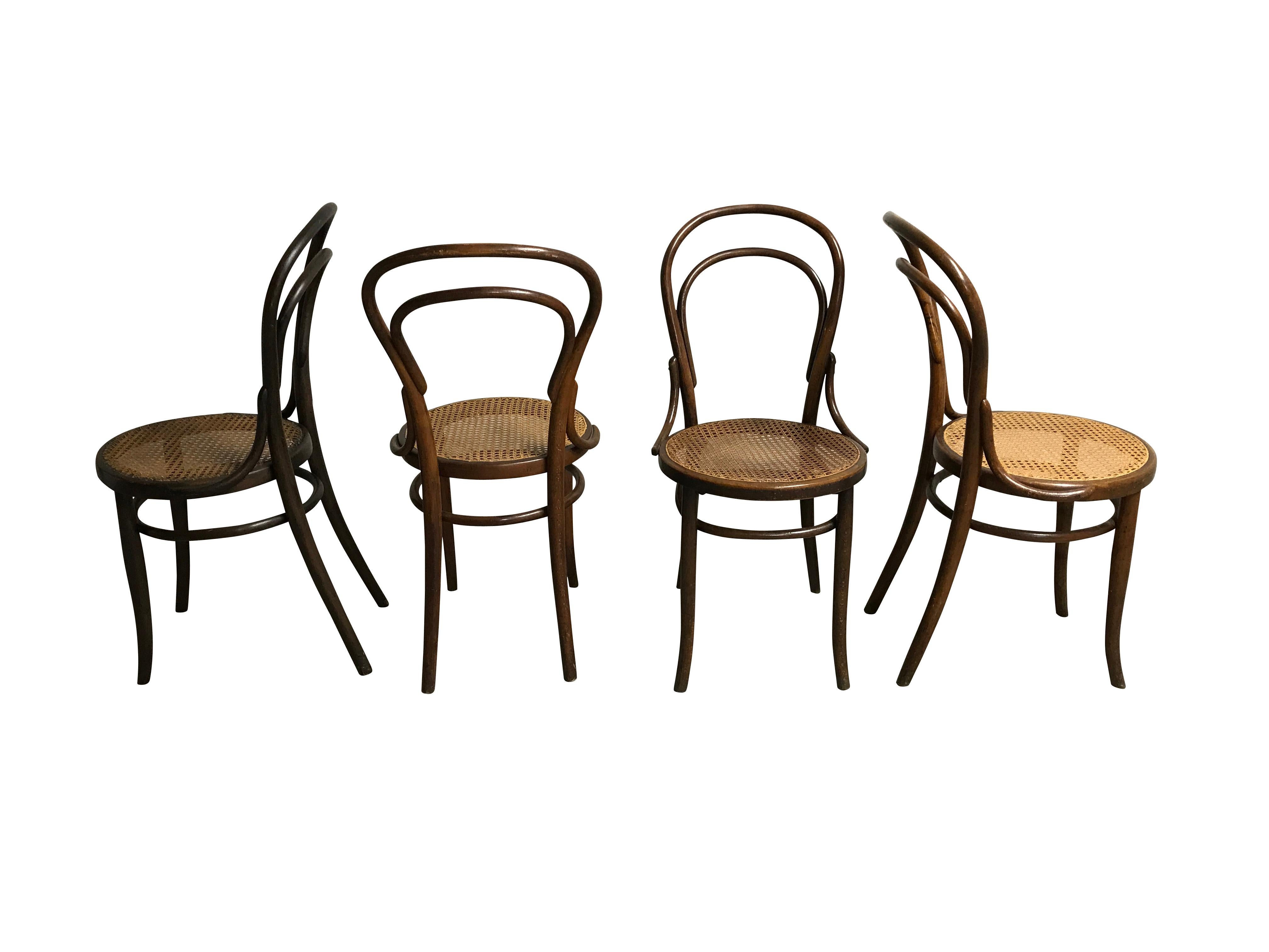 Set of 4 dark brown Thonet no. 14 dining chairs.

The cane seats are in good condition.

Labeled with the Kohn brother stickers.

1920s - Austria

Dimensions:

Width 43 cm/16.9 inch
Depth 52 cm/20.5 inch
Height 91 cm/35.8 inch
Seat