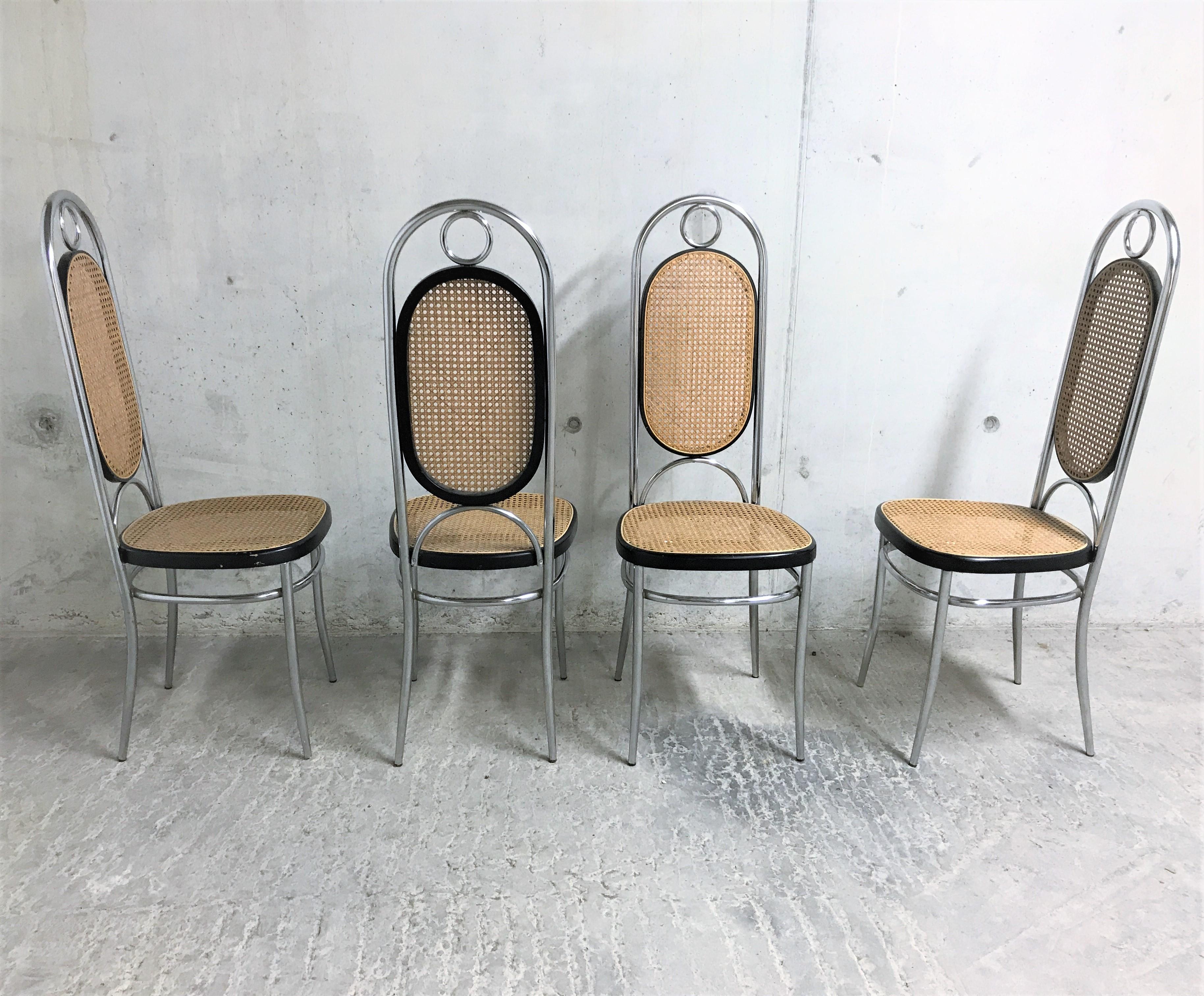 Set of 4 rare chrome Thonet no. 17 high back dining chairs.

These where porduced in Italy and one of the chairs still has a 'made in Italy' label.

The cane seats are in good condition.

1970s - Italy

Dimensions:

Measurements: