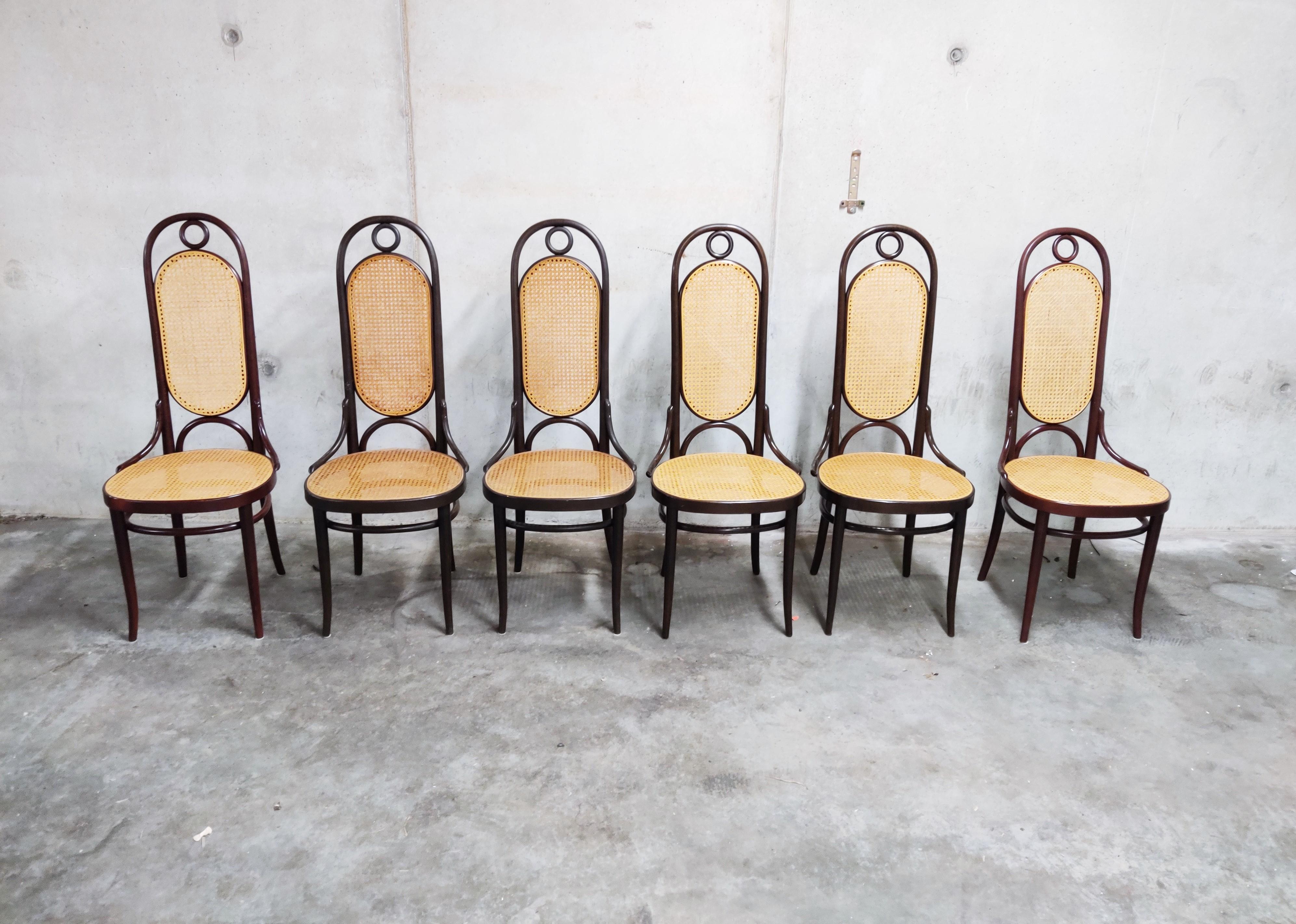 Set of 6 brown Thonet no. 17 high back dining chairs.

The cane seats are in good condition.

Beautiful bentwood frames.

Two chairs have a slightly different color compared to the 4 other chairs, but they create a lovely set together,