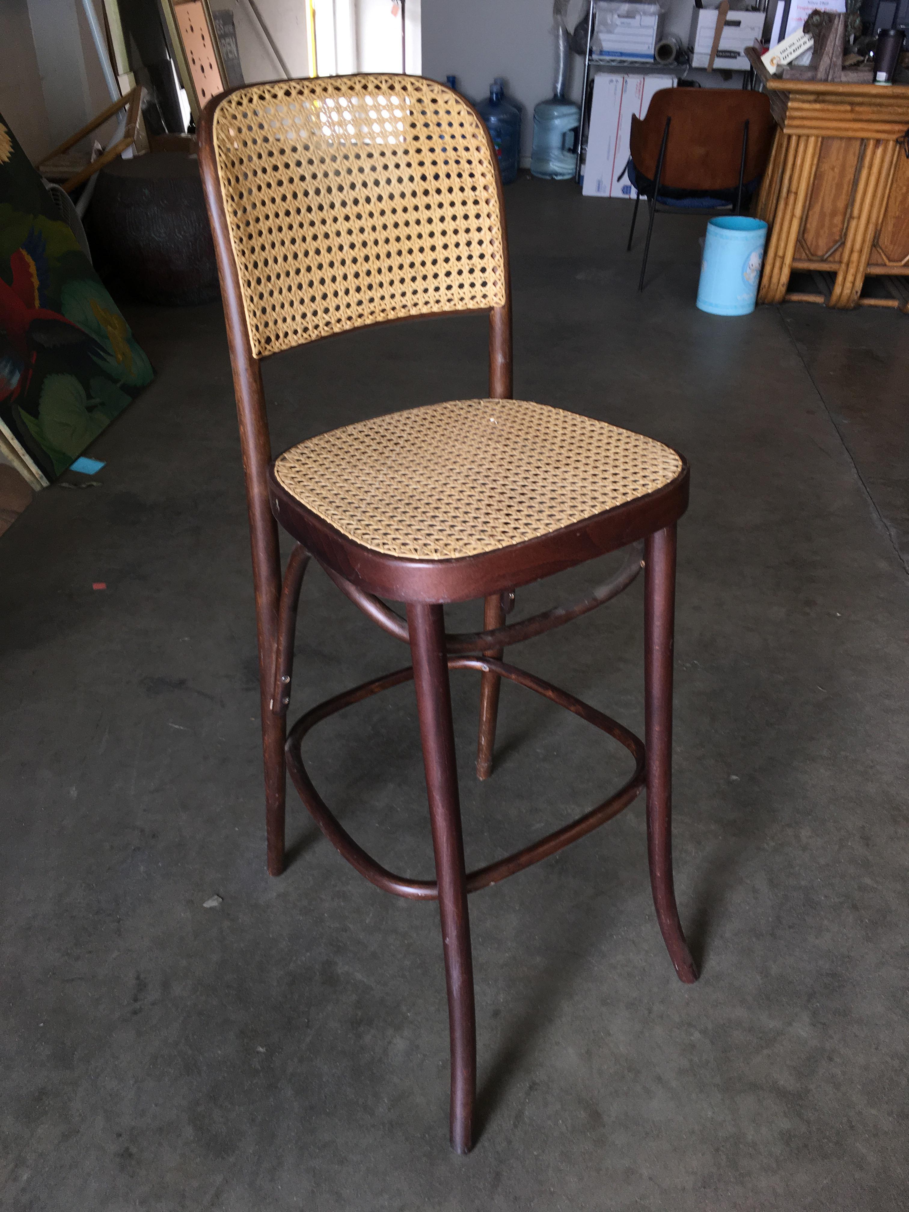 Thonet Number 811 Bentwood Bar Stool w/ Wicker Seat, Set of Four In Excellent Condition In Van Nuys, CA