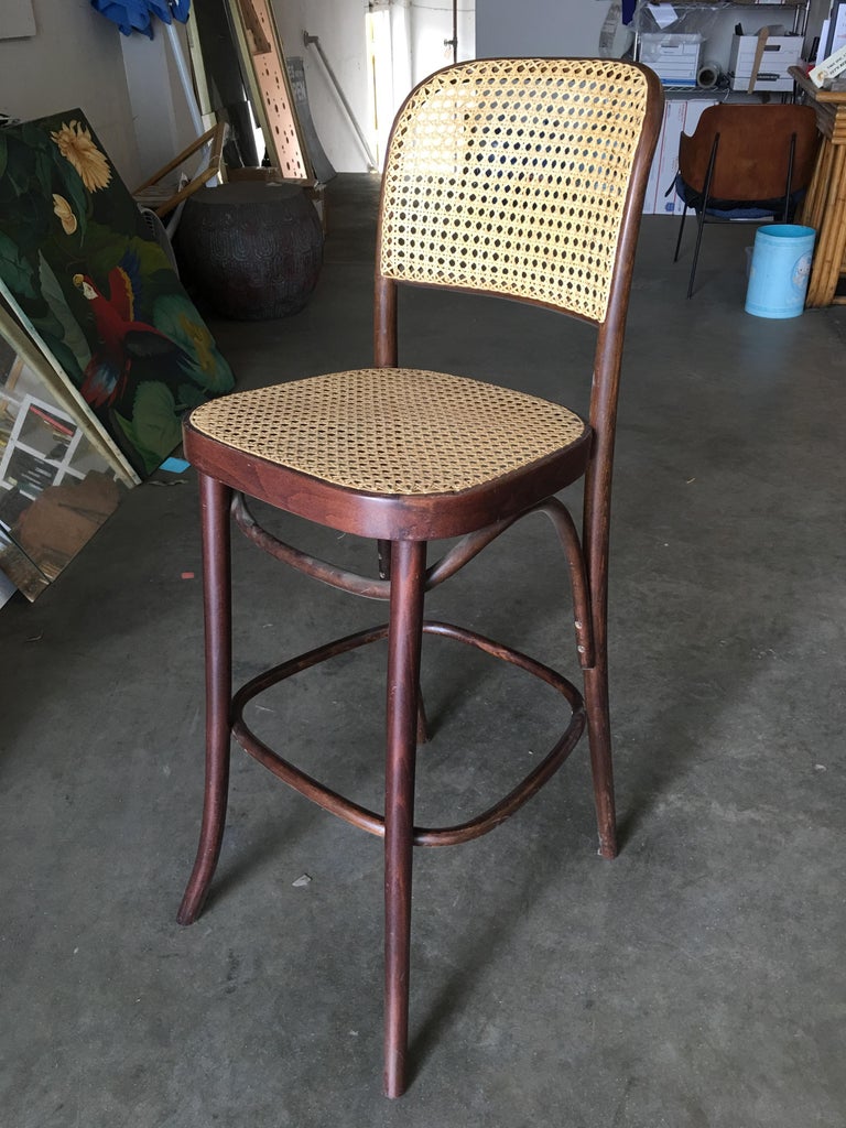 Number 811 Bentwood Bar Stool w/ Wicker Seat, Set of Four at 1stDibs