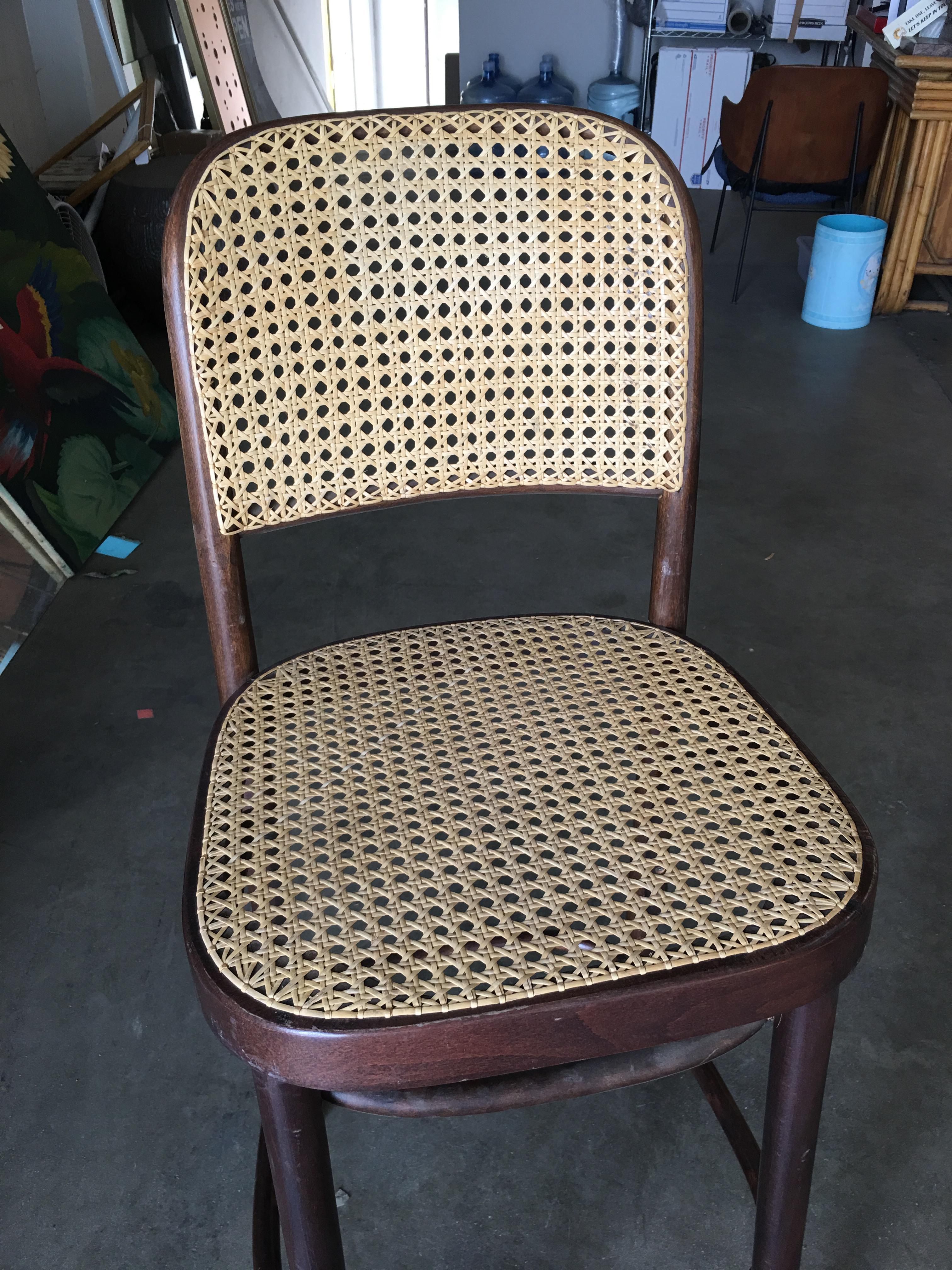 Wood Thonet Number 811 Bentwood Bar Stool w/ Wicker Seat, Set of Four