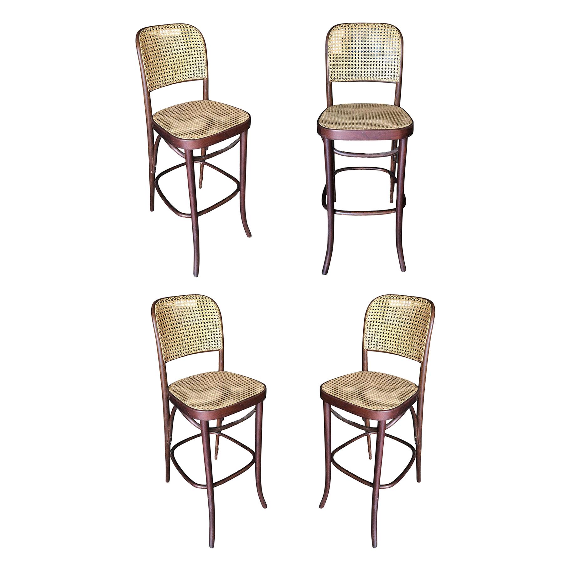 Thonet Number 811 Bentwood Bar Stool w/ Wicker Seat, Set of Four