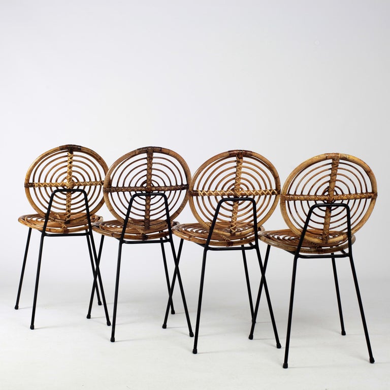 Thonet Rattan Chairs CM166 on Black Metal Base, 1950s France For Sale at 1stdibs