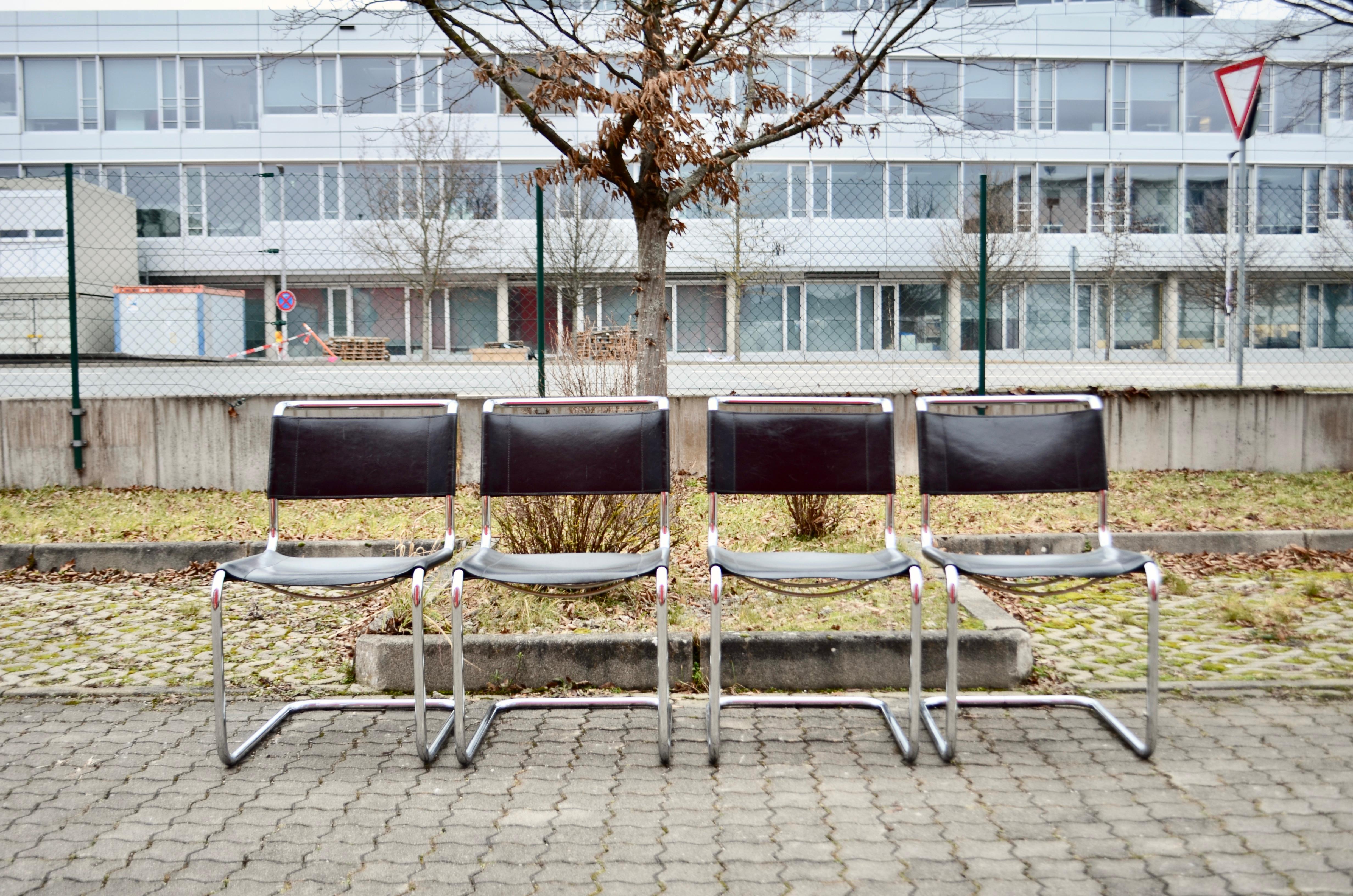Bauhaus Thonet S 33 Vintage Black Saddle Leather Chair Mart Stam Cantilever, Set of 4 For Sale