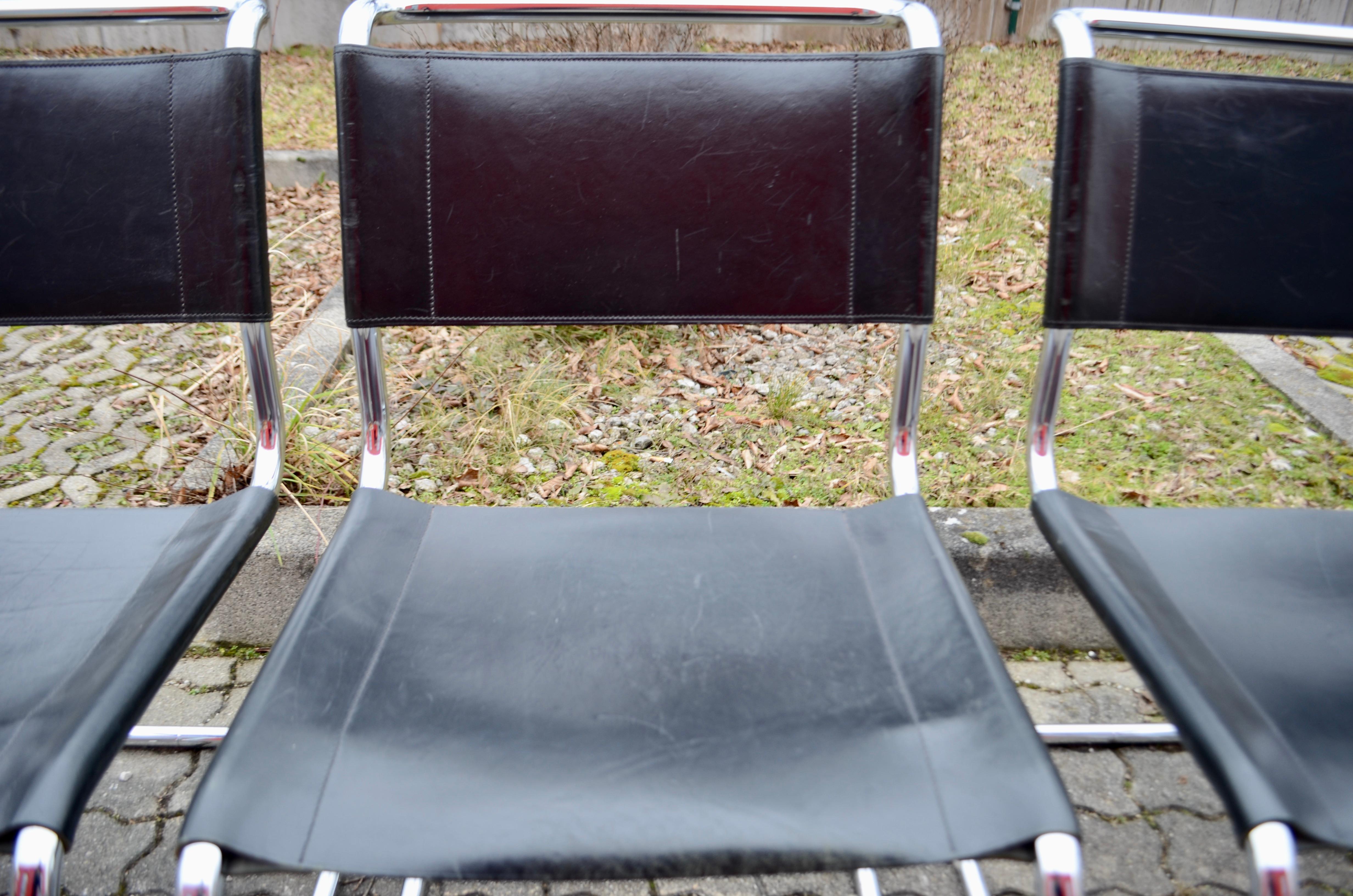 Steel Thonet S 33 Vintage Black Saddle Leather Chair Mart Stam Cantilever, Set of 4 For Sale