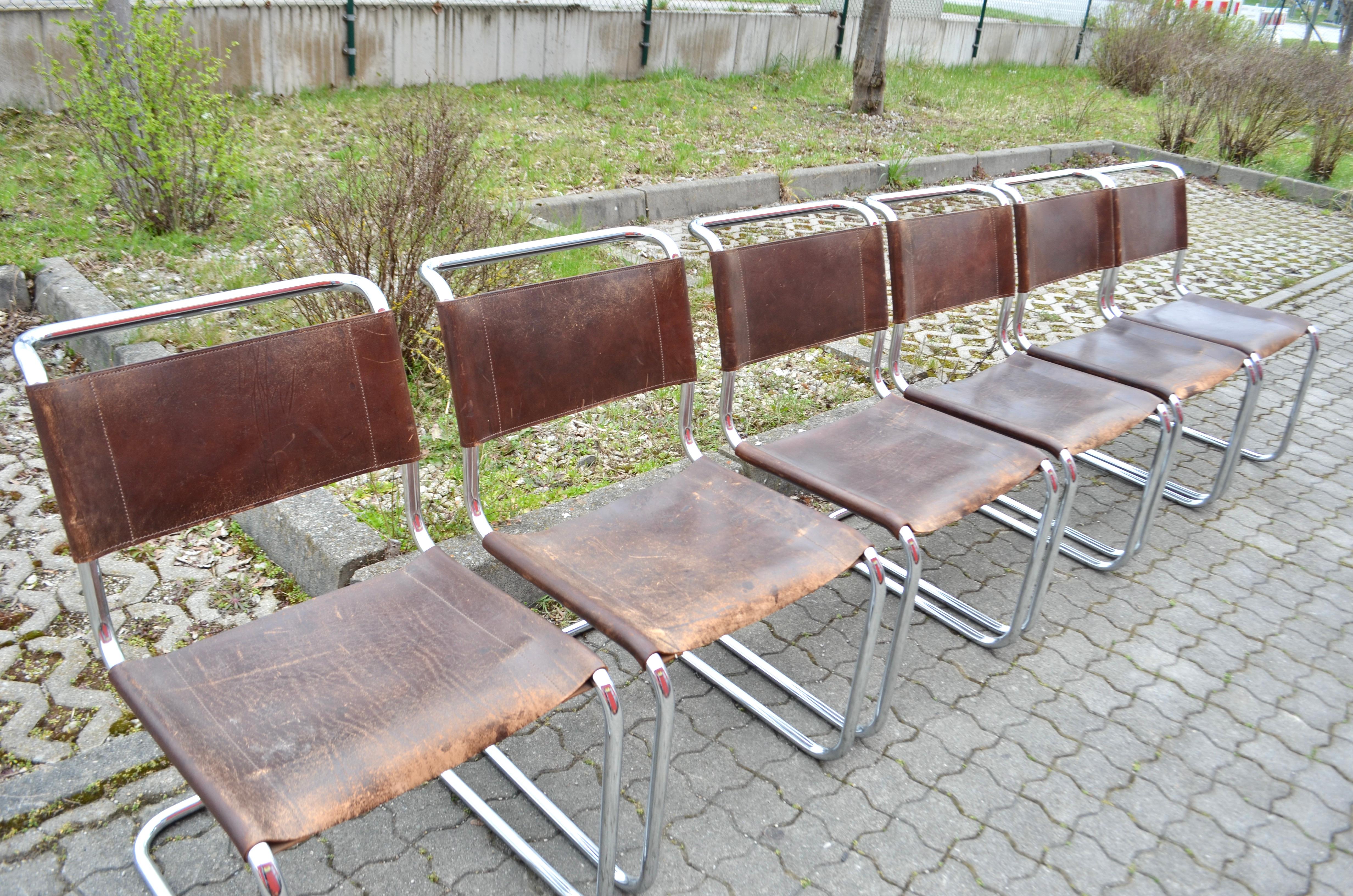 Thonet S 33 Vintage Brown Leather Chairs Mart Stam Cantilever Set of 10 For Sale 2
