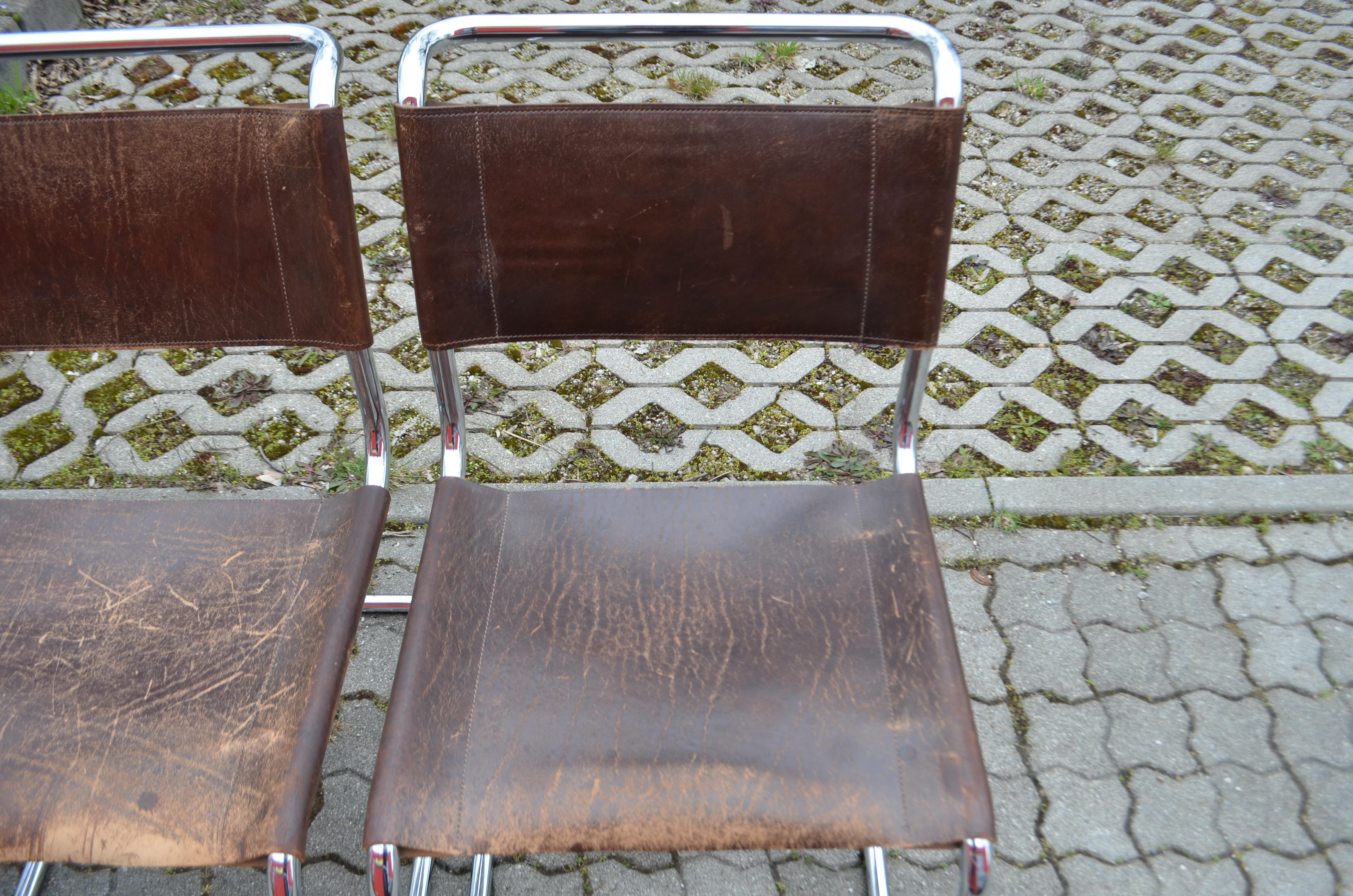 Bauhaus Thonet S 33 Vintage Brown Leather Chairs Mart Stam Cantilever Set of 10 For Sale
