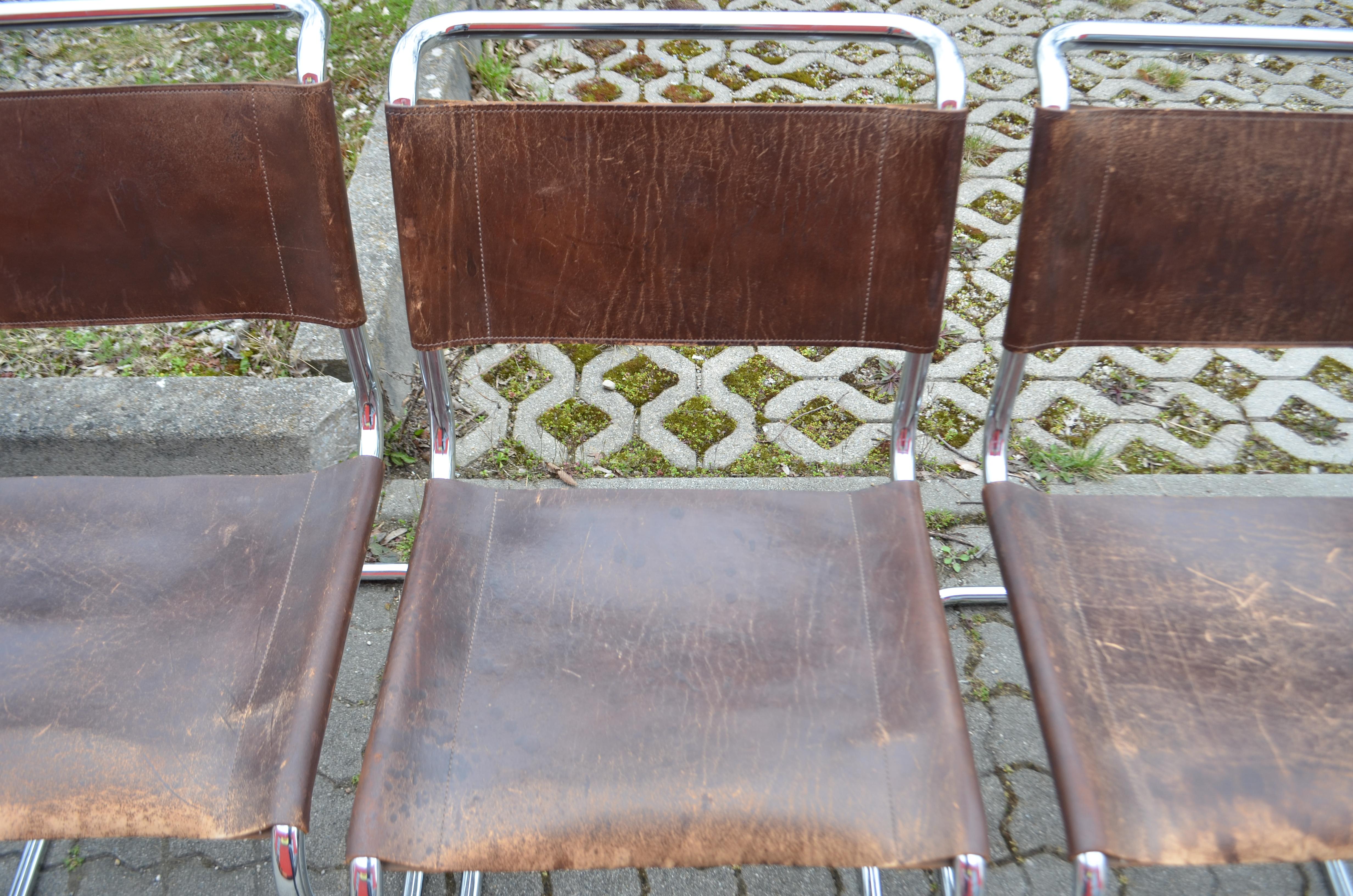 Vegetable Dyed Thonet S 33 Vintage Brown Leather Chairs Mart Stam Cantilever Set of 10 For Sale