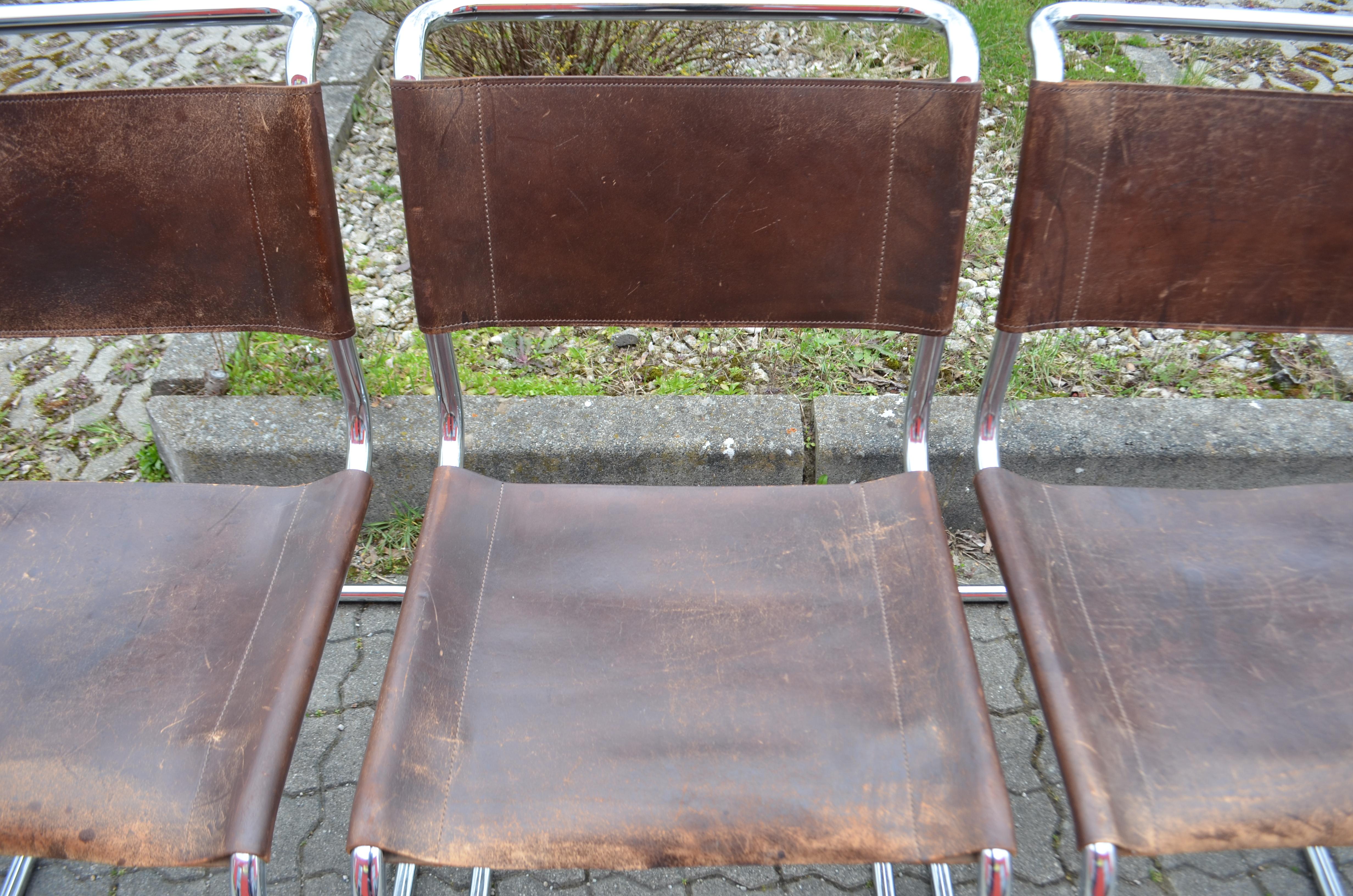 Steel Thonet S 33 Vintage Brown Leather Chairs Mart Stam Cantilever Set of 10 For Sale