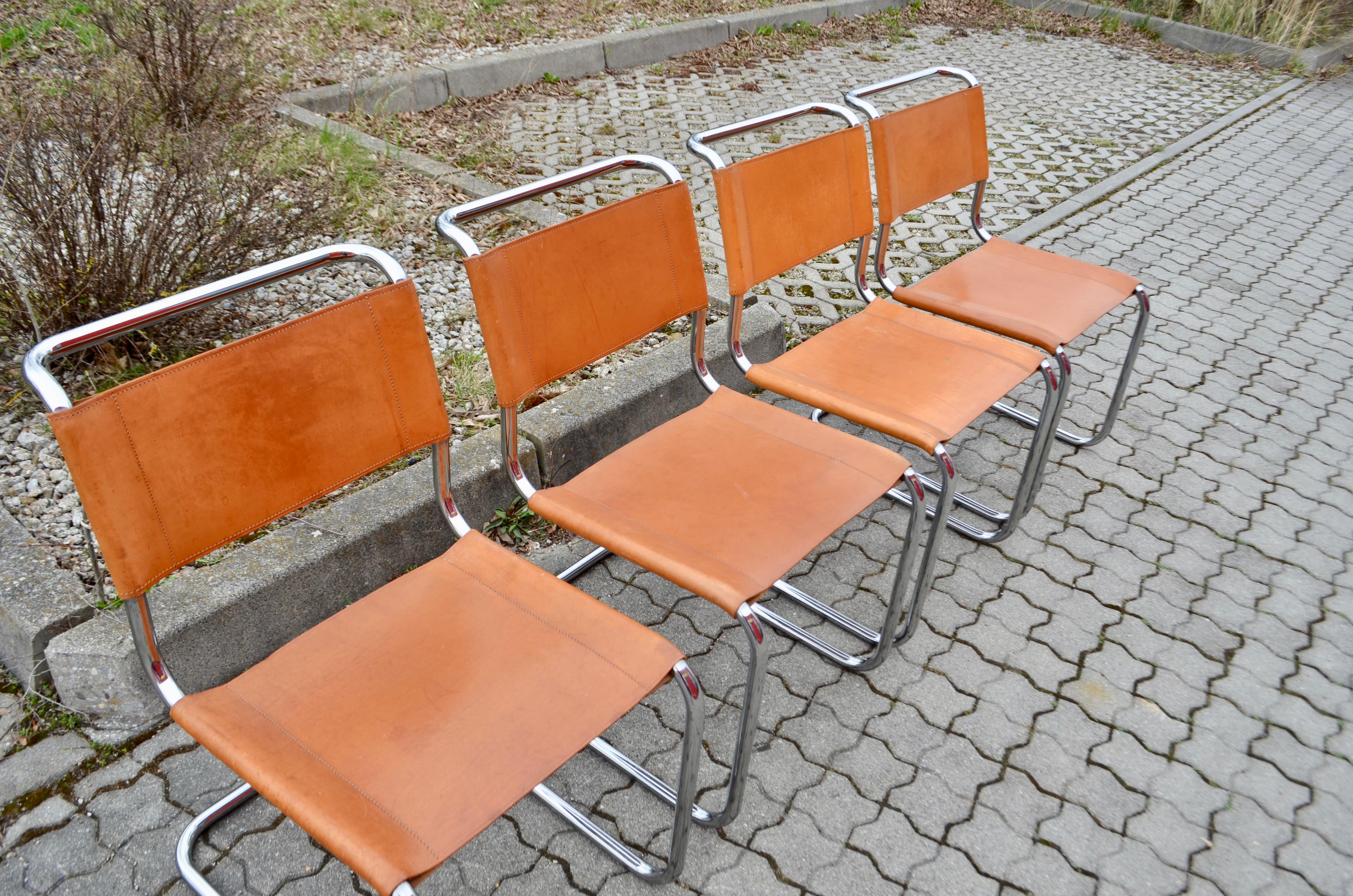 Bauhaus Thonet S 33 Vintage Cognac Vegetal Leather Chairs Mart Stam Cantilever Set of 4