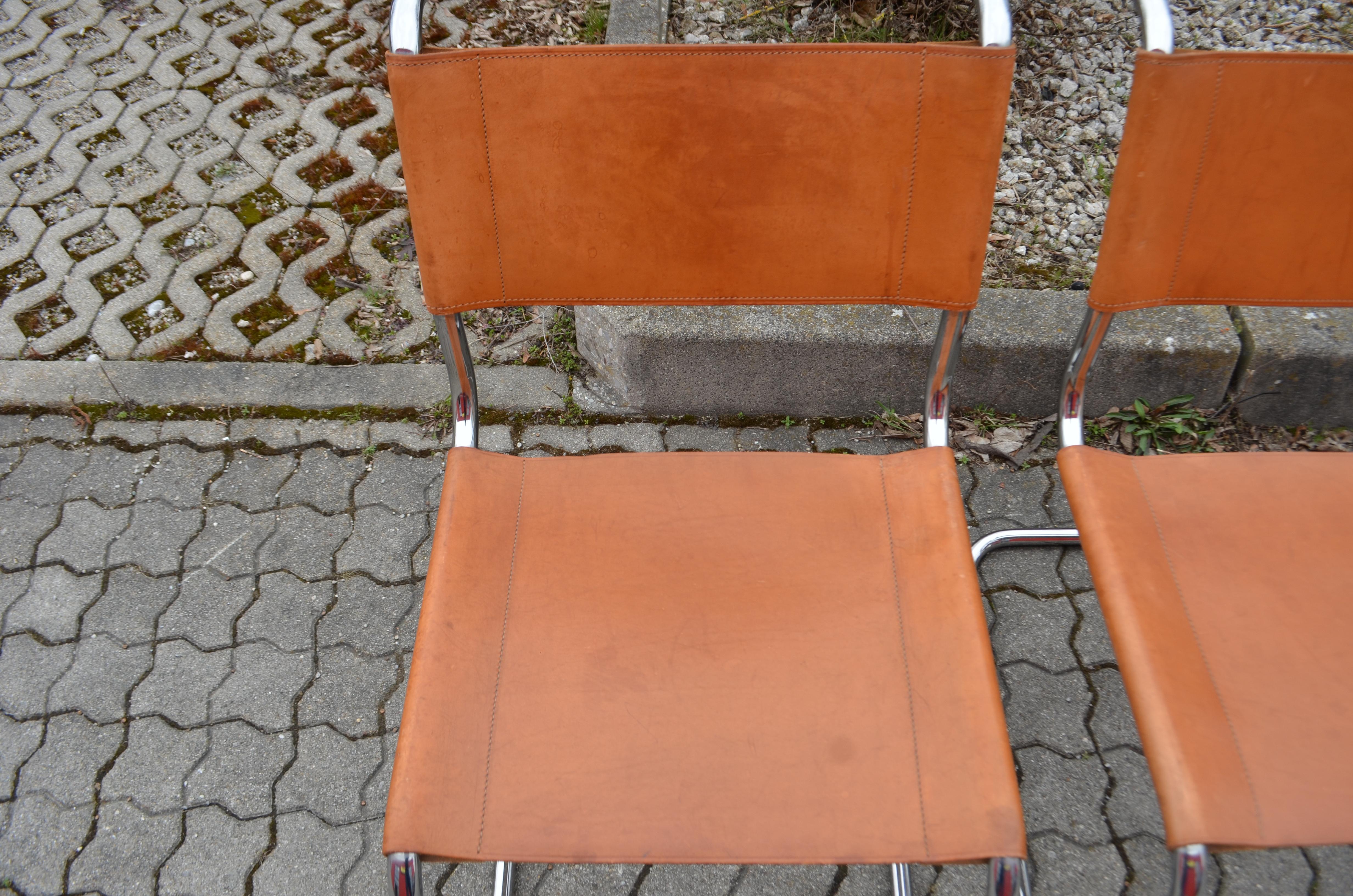 European Thonet S 33 Vintage Cognac Vegetal Leather Chairs Mart Stam Cantilever Set of 4