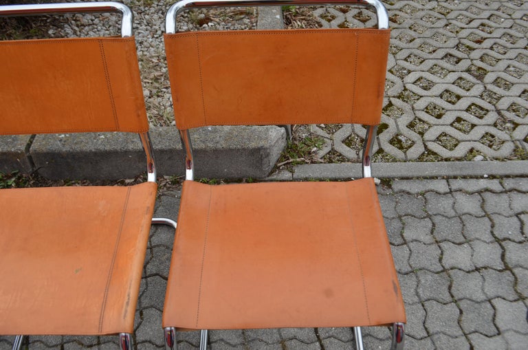 Steel Thonet S 33 Vintage Cognac Vegetal Leather Chairs Mart Stam Cantilever Set of 4 For Sale