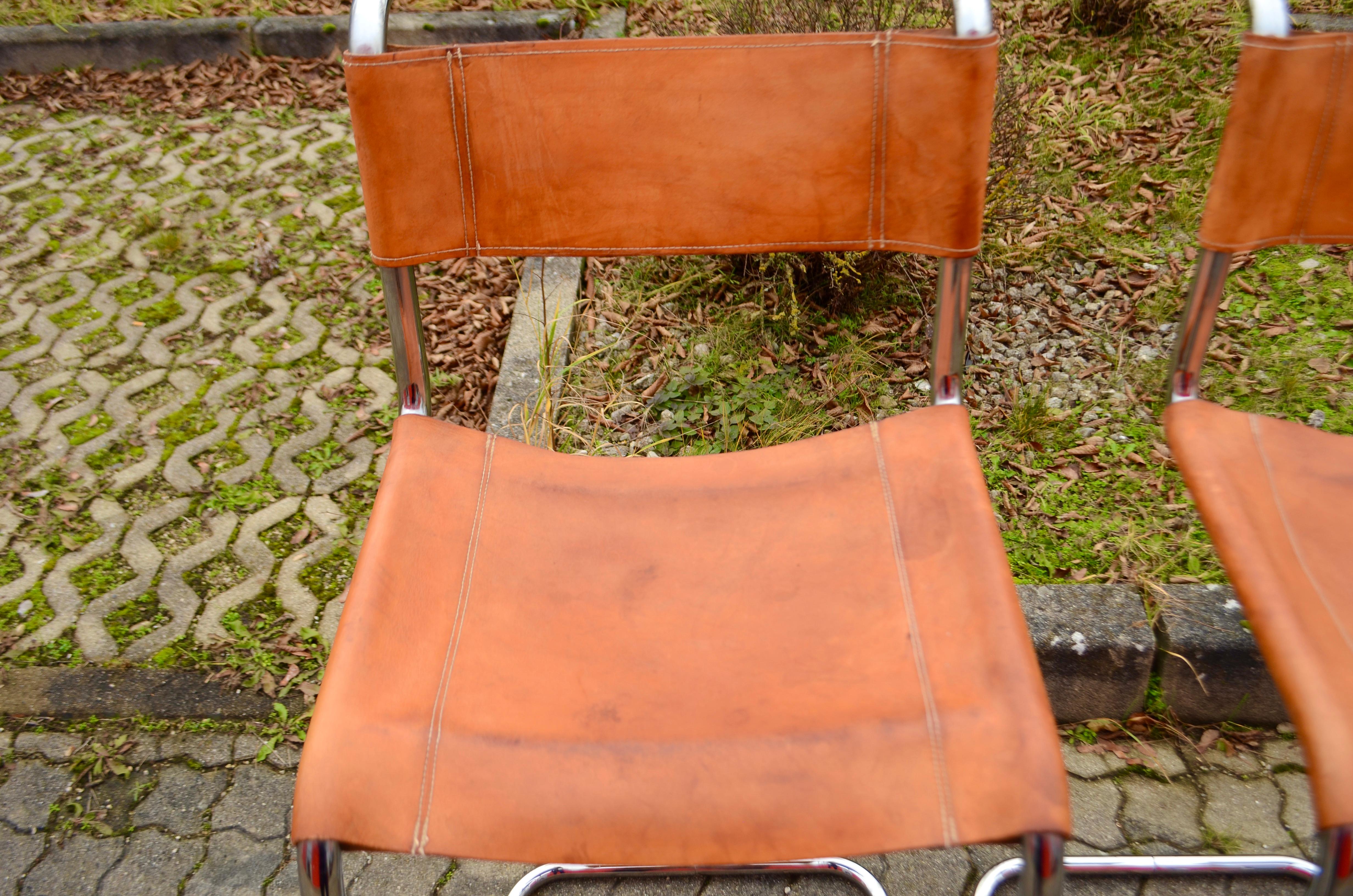 Thonet S 39 L  Silla taburete de bar de cuero vegetal coñac Mart Stam Lote de 3 Alemán en venta