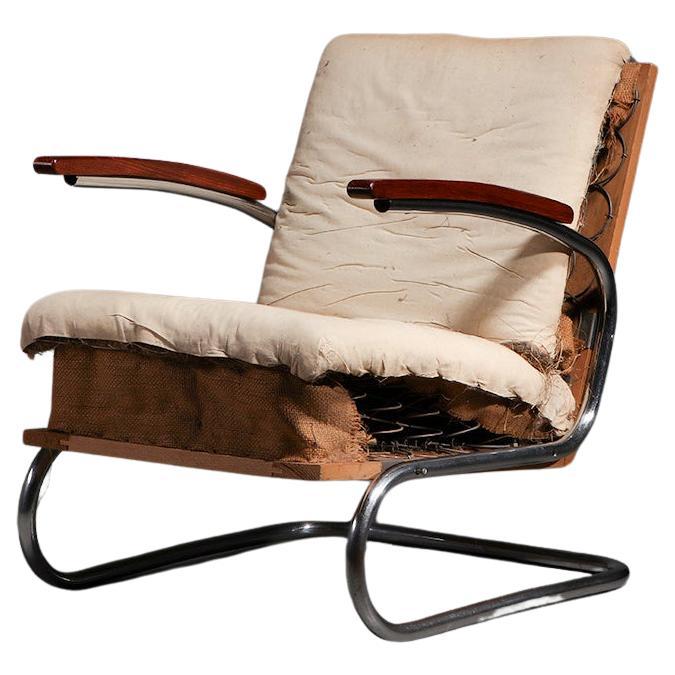 Freitragender Bauhaus-Sessel „S411“ aus Chromrohr mit röhrenförmigem Thonet, 1930er Jahre