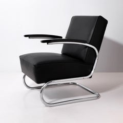 Thonet S411 Tubular Steel Cantilever Armchair, Black Leather Upholstery, c. 1935