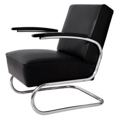 Poltrona a sbalzo in acciaio tubolare Thonet S411, rivestimento in pelle nera, 1935 ca.