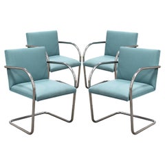 Retro Thonet Set of 4 Tubular Steel Cantilever Modern Chairs Teal Upholstery Seating