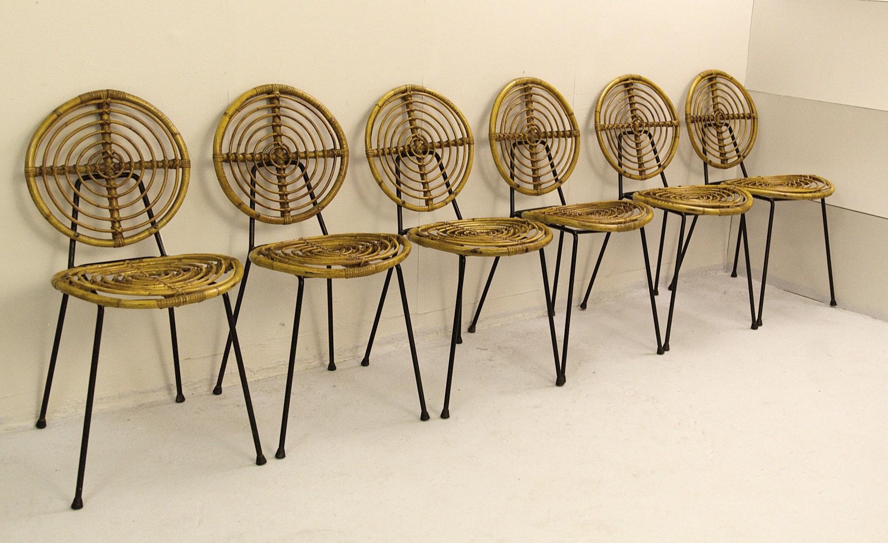 Thonet set of 6 rattan chairs CM166 on black metal base, 1950s France.