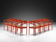 Thonet Set of Eight Armchairs with Red Lacquered Frame and Rush Seats