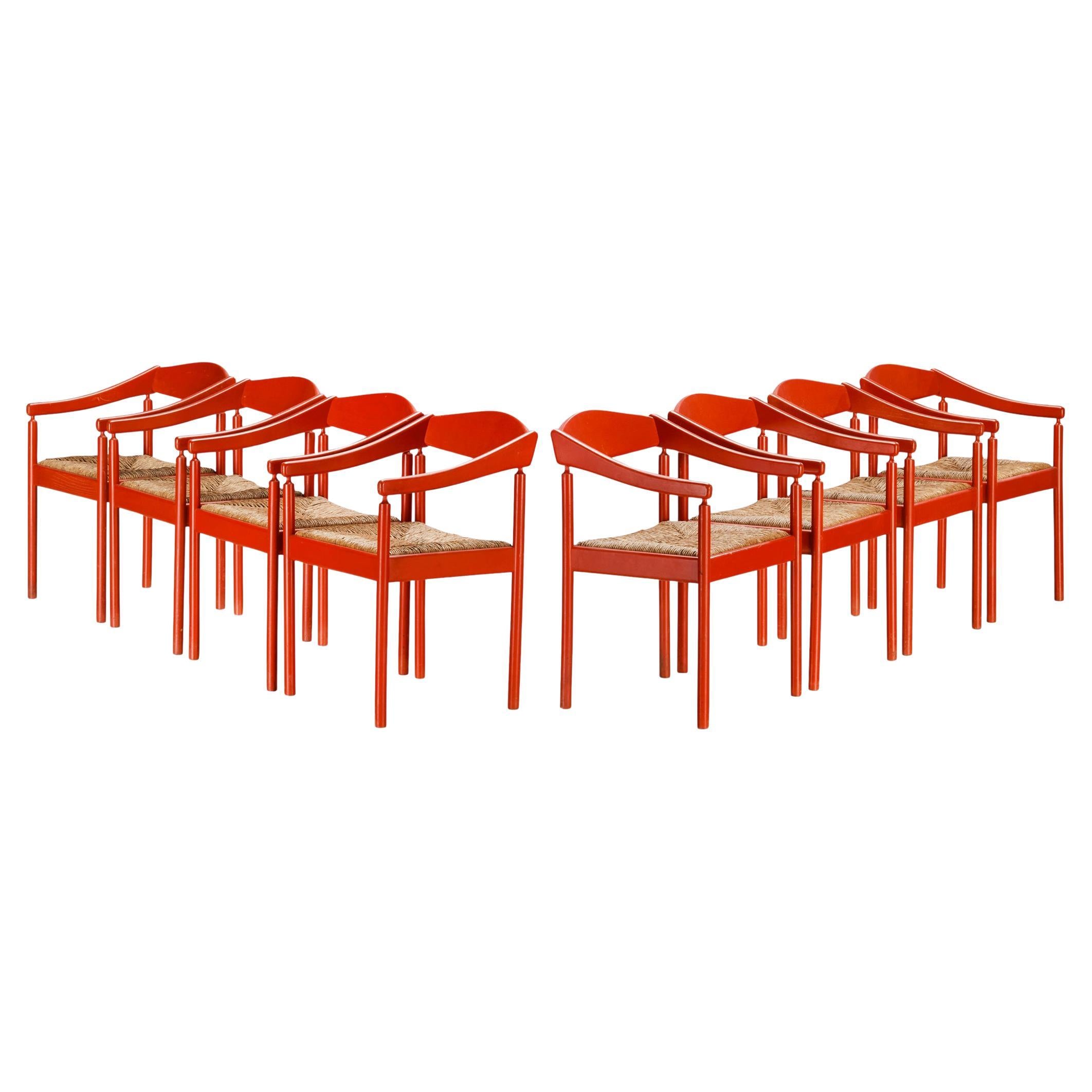 Thonet Set of Eight Armchairs with Red Lacquered Frame and Rush Seats