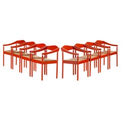 Thonet Set of Eight Armchairs with Red Lacquered Frame and Rush Seats
