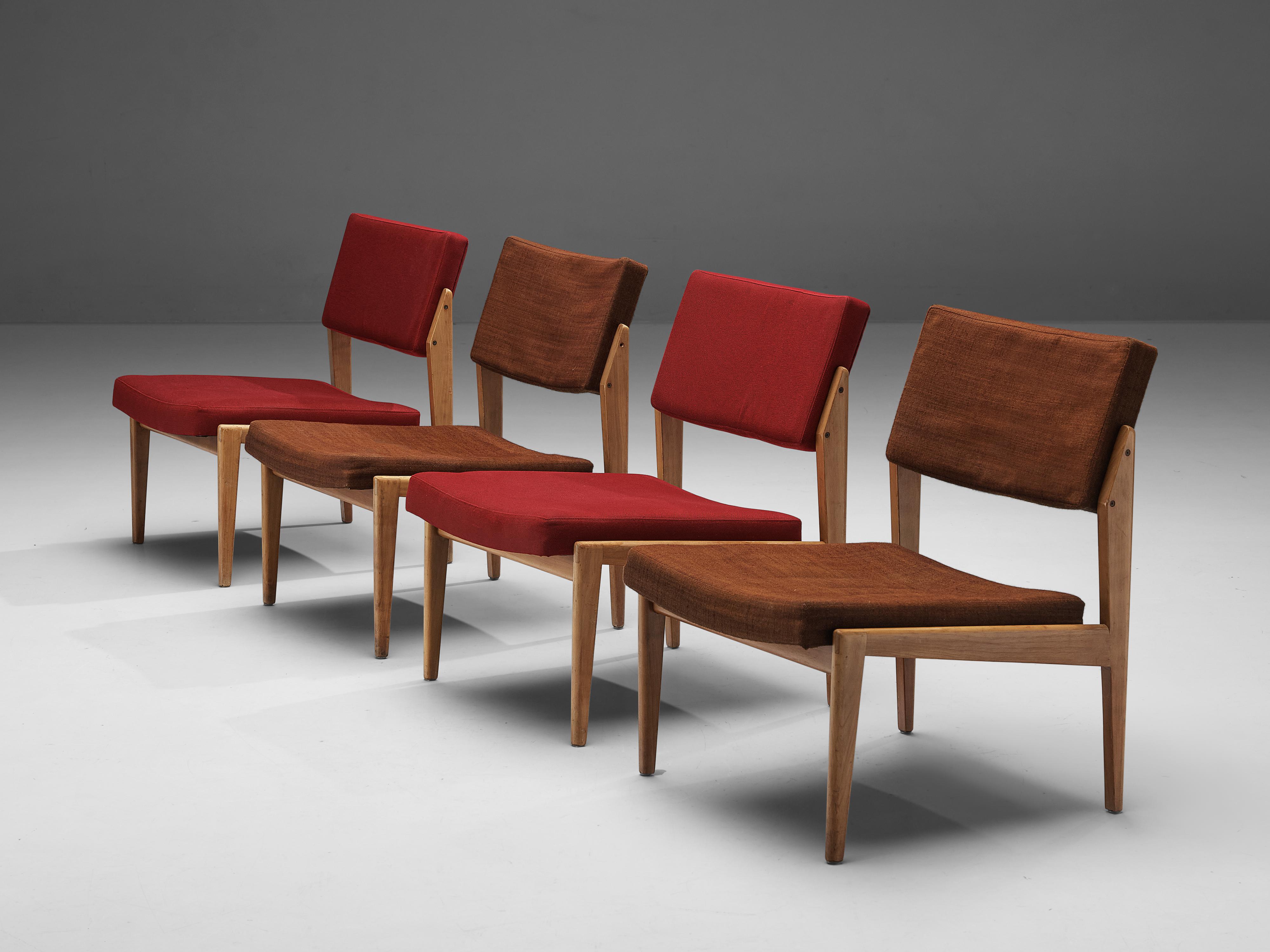 Thonet, set of four lounge chairs, cherry, fabric, Germany, 1930s

This unique set of four chairs has a splendid construction that epitomizes a simplistic, natural and timeless aesthetics. The design is characterized by clear, straight lines that