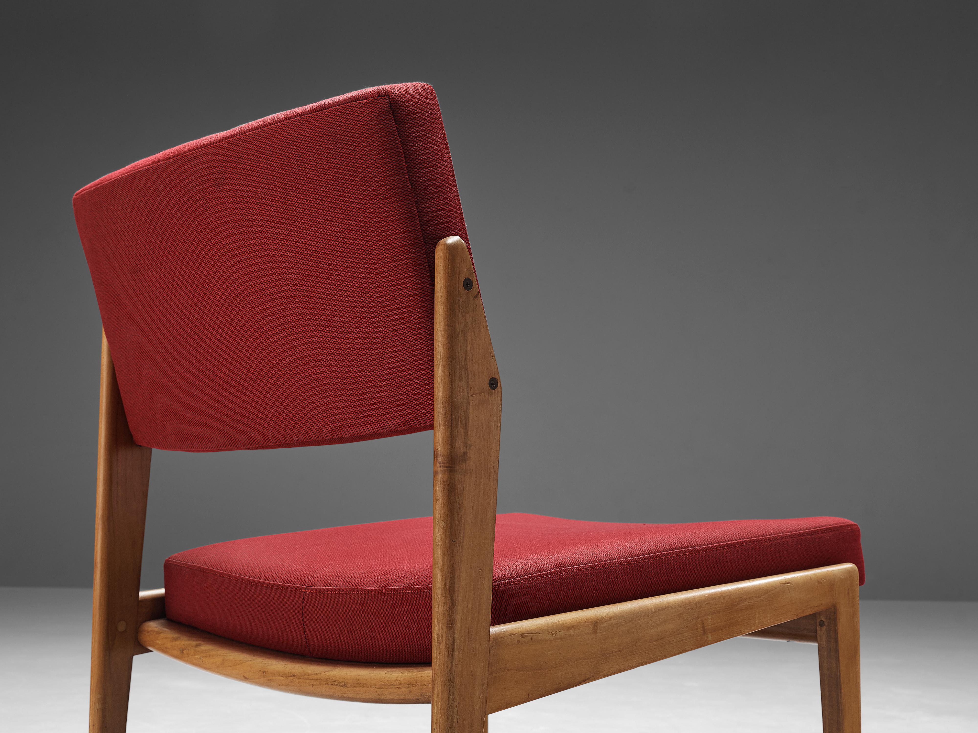Mid-Century Modern Thonet Set of Four Chairs in Cherry and Brown Red Upholstery For Sale
